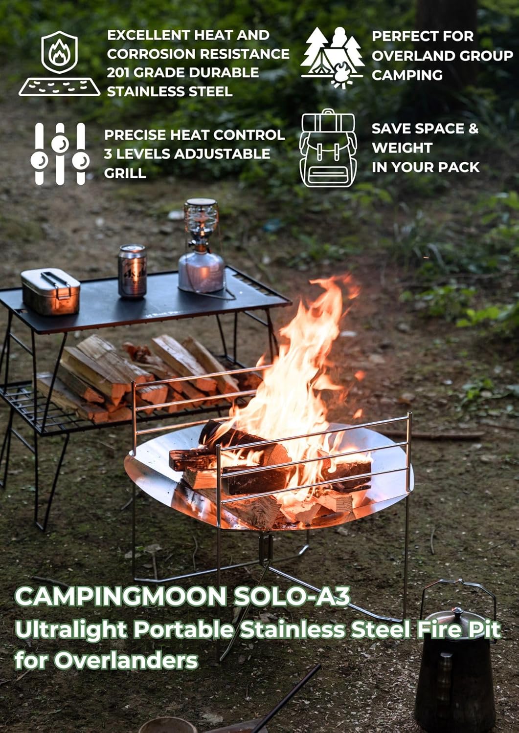 CAMPINGMOON Portable Fire Pit 22 Inch Large Round Lightweight Foldable Overland Group Camping Outdoor Solo Grill Carry Bag Solo-A3