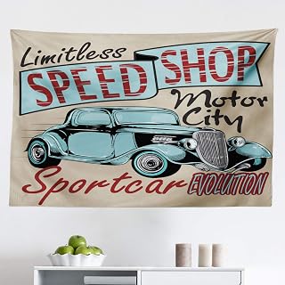 Ambesonne Retro Tapestry, Nostalgic Advertising Print Antique Sports Auto in Retro Rusty Colors Art Design, Fabric Wall Hanging Decor for Bedroom Living Room Dorm, 45" X 30", Teal Red Brown