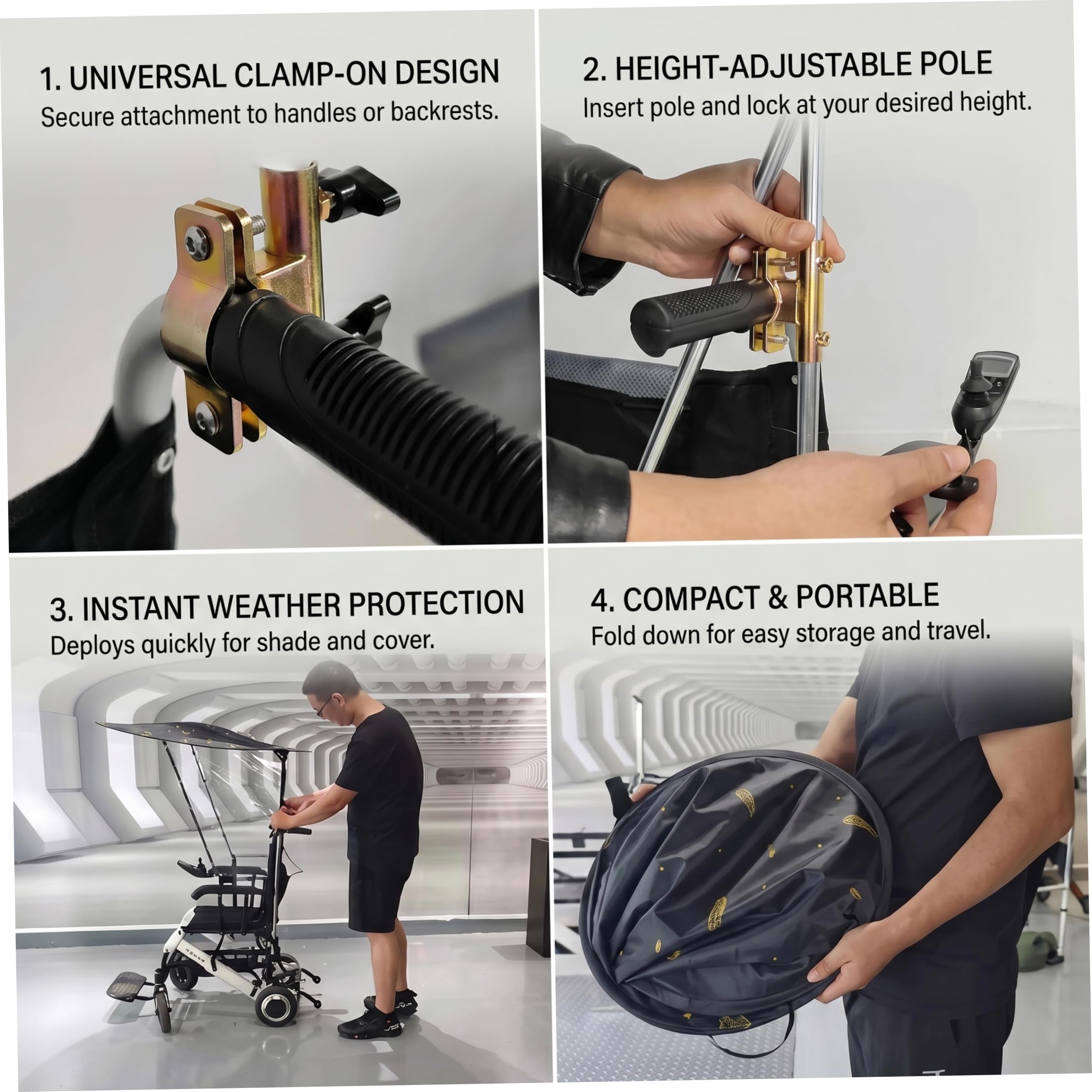 Paraguas para silla de ruedas, sombrilla portátil ajustable, toldo para silla de ruedas al aire libre para sillas de con asas de empuje, negro