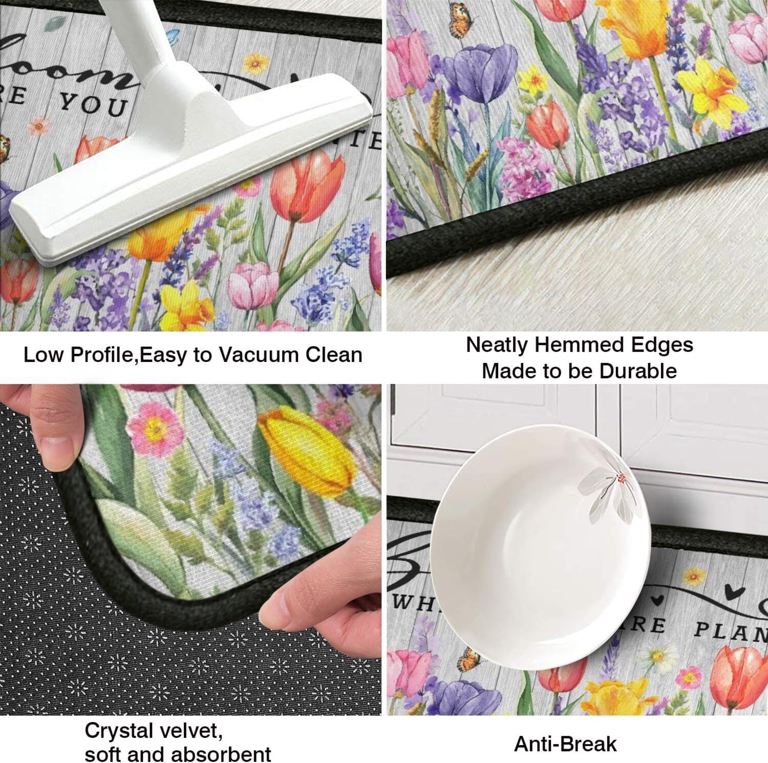 Spring Kitchen Rugs Sets of 2 Non Slip Washable, Tulip Lavender Floral Summer Spring Kitchen Mats Home Decor Rug Decorations Indoor