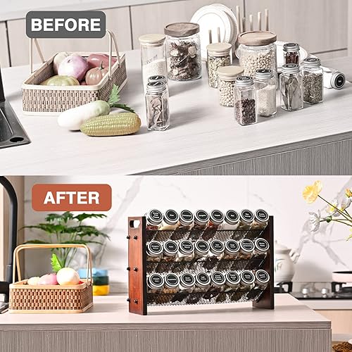 Miniatura 4 de Roykoota Estante para especias, organizador de especias sin tarros de condimentos, estante de especias de madera, estante rústico de 3 niveles para