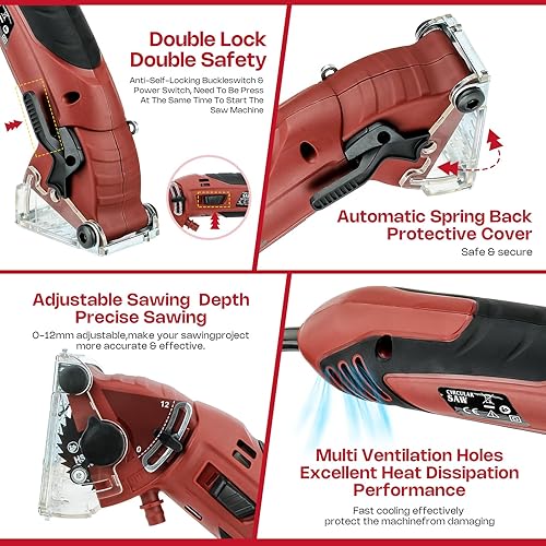 Miniatura 7 de Sierra circular mini con cable, 400W 110V 3400RPM multifunción manual con 6 hojas, profundidad máxima de corte  pulgada, sierra circular compacta