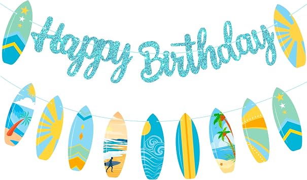 2pcs Summer Surfboard Happy Birthday Banners Summer Surfing Birthday Party Decorations Blue Glitter Surfing Birthday Banner Bunting Surfboard Banner for Tropical Hawaii Beach Surfing Supplies