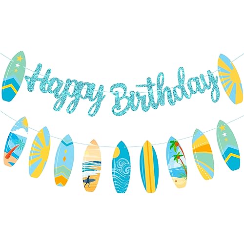 2pcs Summer Surfboard Happy Birthday Banners Summer Surfing Birthday Party Decorations Blue Glitter Surfing Birthday Banner Bunting Surfboard Banner for Tropical Hawaii Beach Surfing Supplies