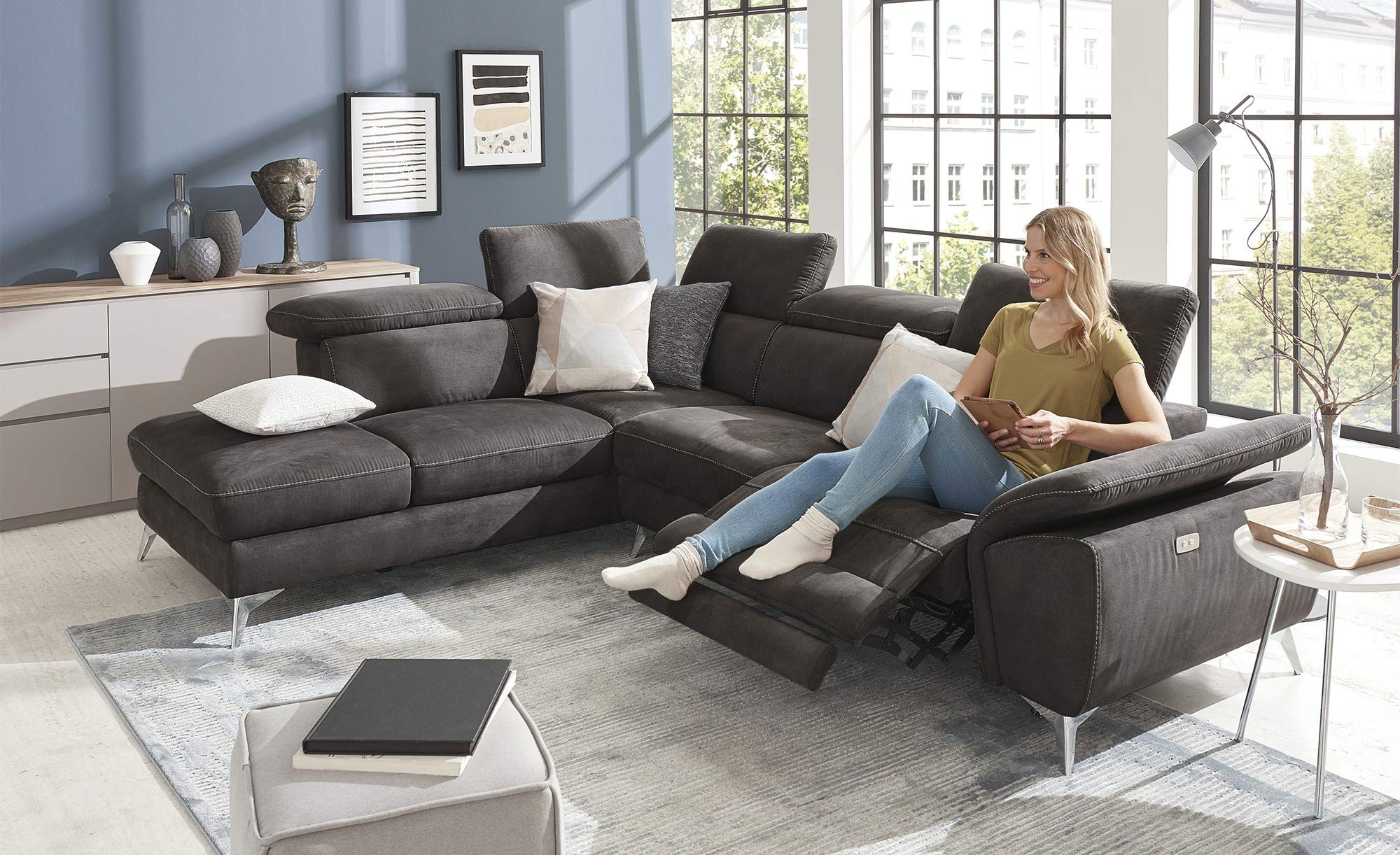 INLENDISH Signature lshape 4 Seater Suede Fabric Dark Grey Sofa Set (RHS) Comfortable Living Room | Luxurious Sofa 1