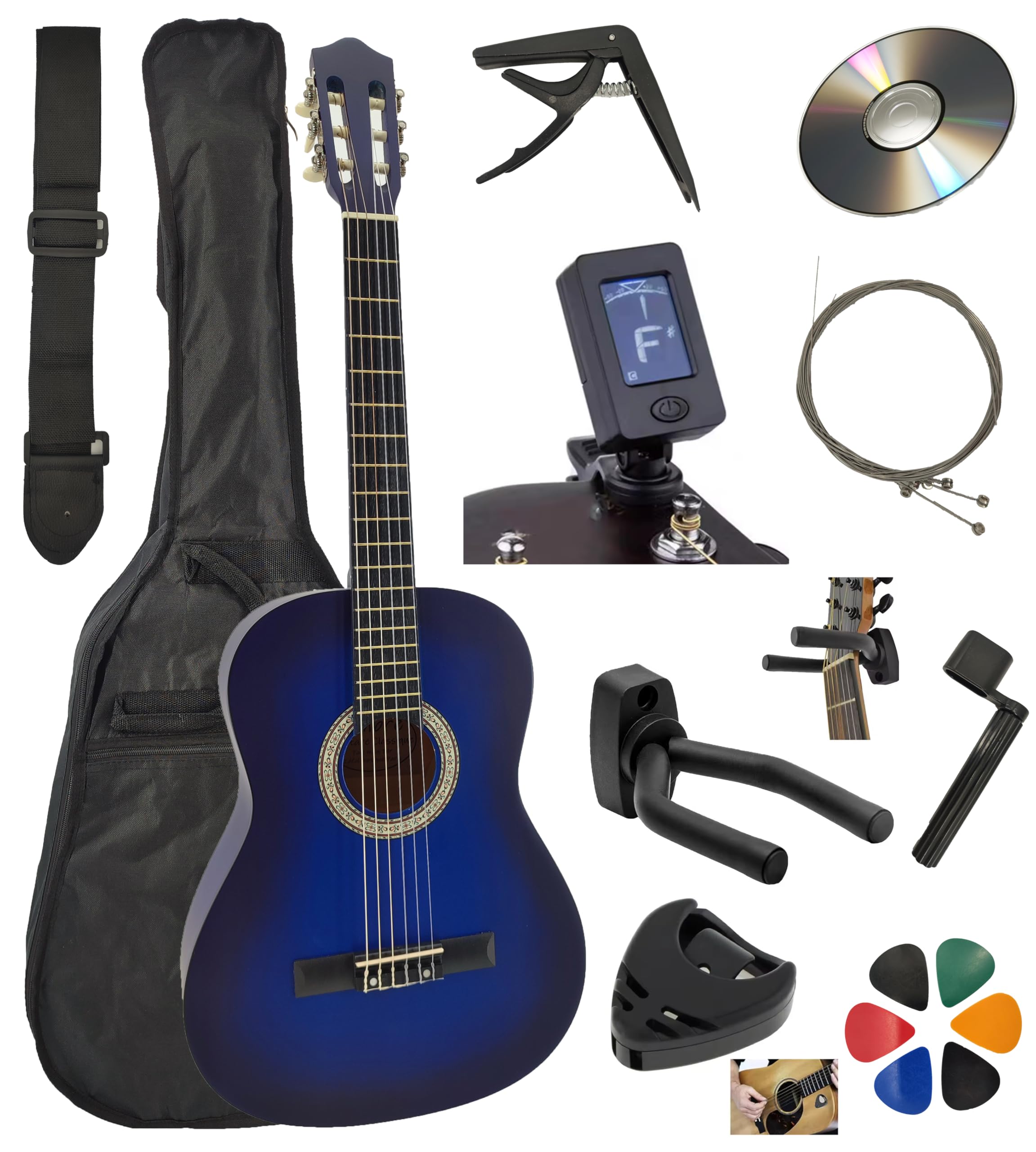 AMBRE Pack Guitare Classique 1/2 pour Gaucher (Enfant 6-9 ans) + 10 Accessoires (Housse, Support Mural, Accordeur, Sangle, Capodastre, Cordes, 6 Médiators) + Cours Vidéo & CD (Bleu, 1/2, Gauche)