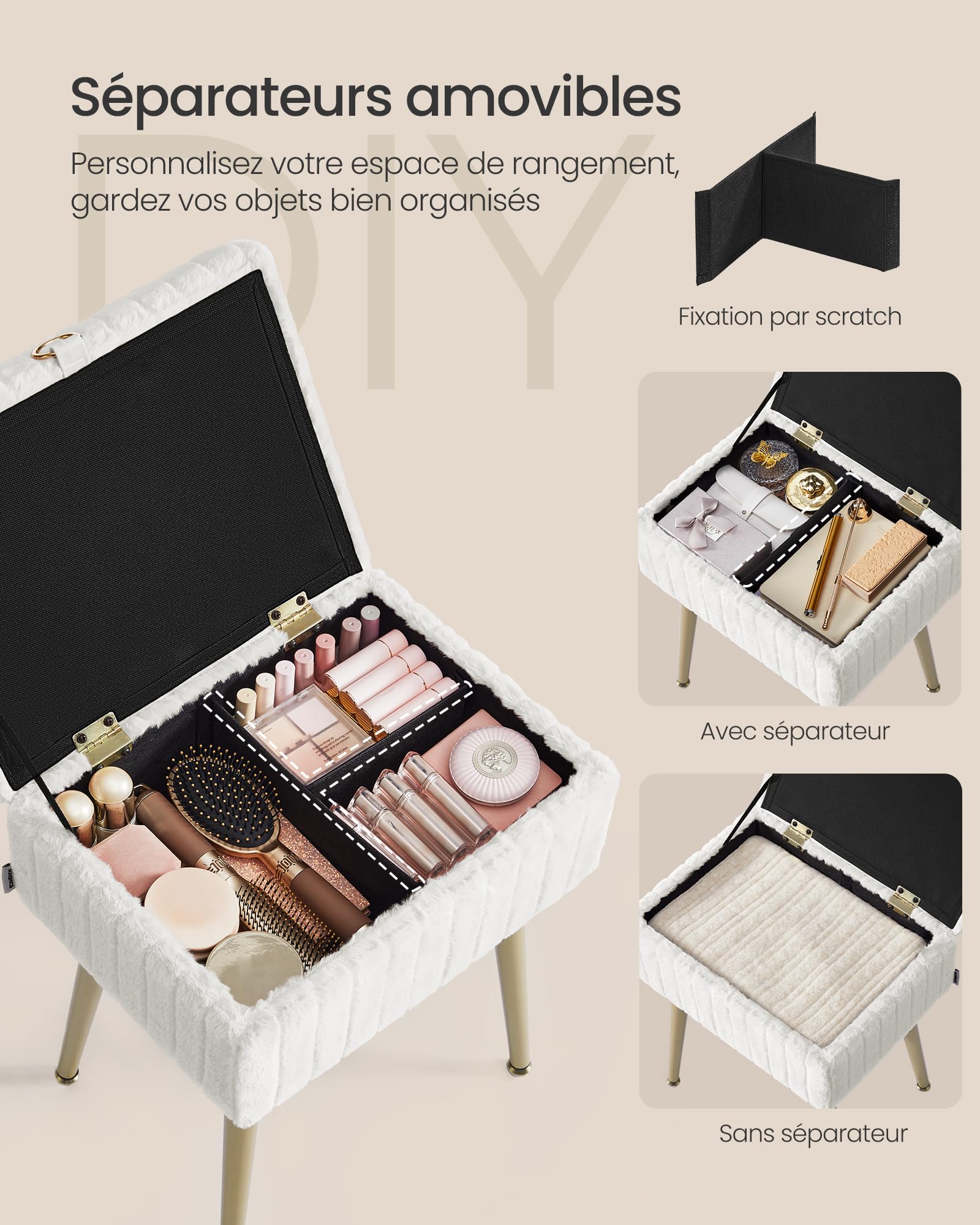 SONGMICS Tabouret de Coiffeuse, Tabouret avec Rangement, Repose-Pieds, Pieds en Métal, Rembourré, Pieds Réglables, pour Salon, Chambre, Dressing, Blanc Crème LOM505WZ02