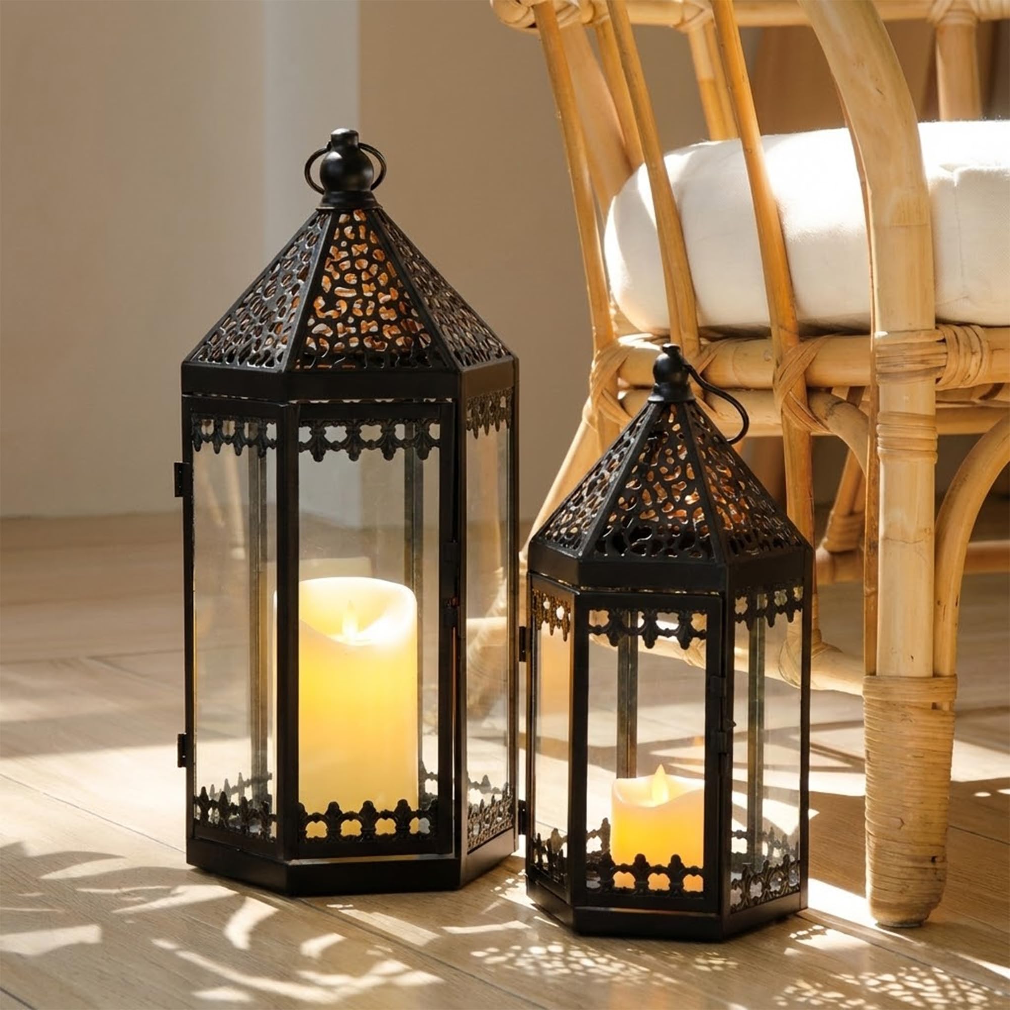 Trirocks Black Set Of 2 Deacorative Candle Lantern 40 Cm & 30 Cm High Metal Candle Holder Hanging Lanterns With Tempered Glass For Indoor Outdoor Home Decor Garden Pathway Patio Party Events Wedding(Black)