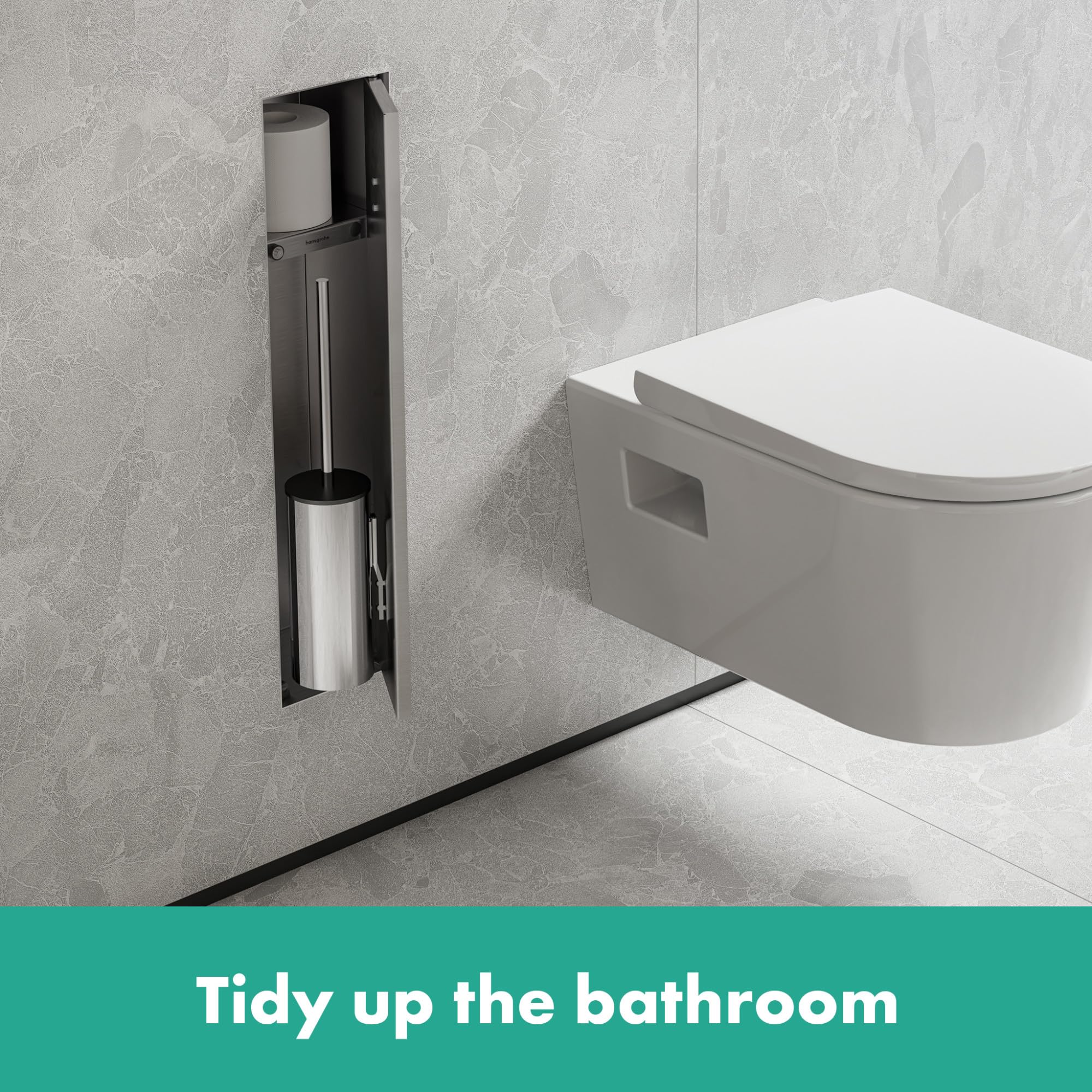 hansgrohe XtraStoris Rock, escobillero baño empotrado con repisa y puerta alicatable, nicho pared baño, escobilla wc empotrada, escobilla baño, accesorios baño, acero inoxidable cepillado, 56060800