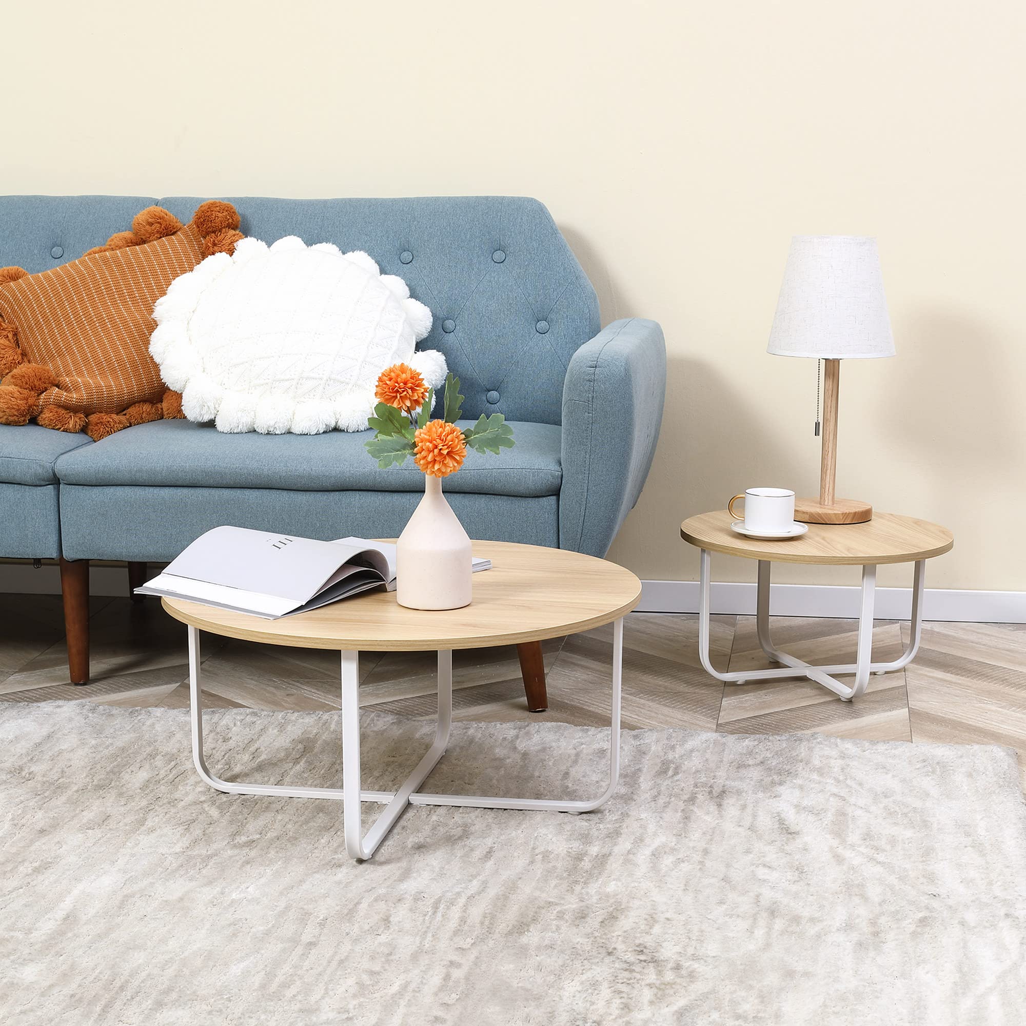 HOMCOM Juego de 2 Mesas de Centro Ø65x32 cm y Ø45x26 cm Natural y Blanco | Mesas de Salón Redondas, Encimera de Madera, Patas de Metal, para Domitorio