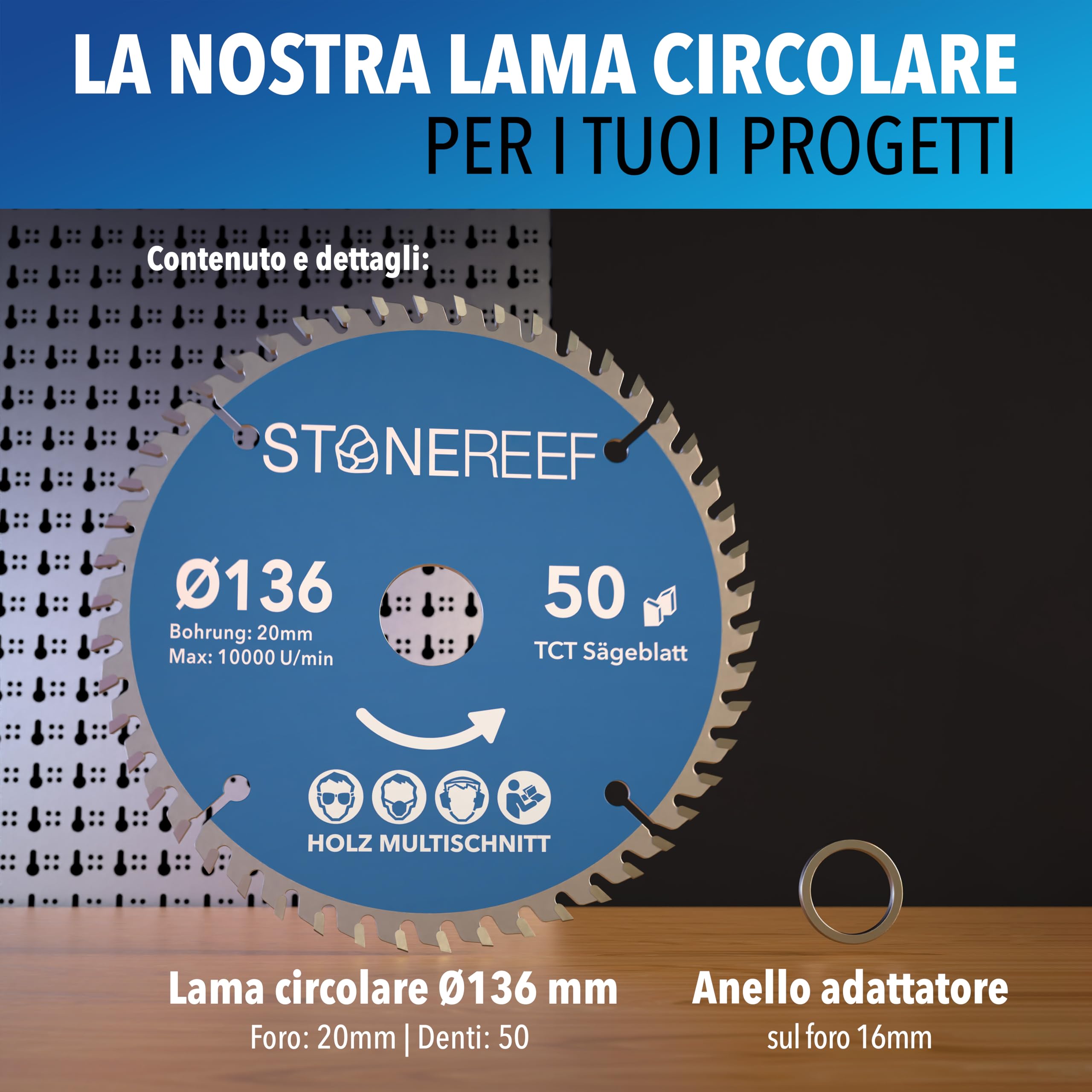 Lama per sega circolare 136 x 20 cm [con adattatore su foro 20 & 16 mm], compatibile con smerigliatrice angolare Bosch, Makita ecc. – Lama per sega circolare – per legno, metallo e alluminio
