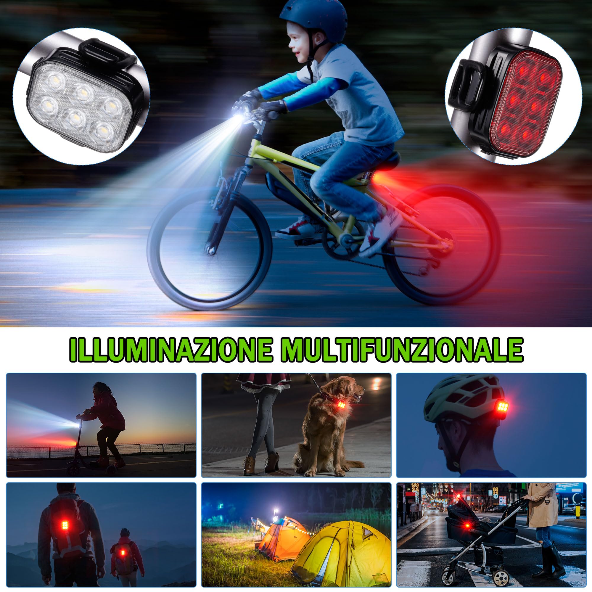 Luci Bicicletta Kit, Combinazione di Luci Anteriori e Posteriori de Bicicletta, Ricarica USB Impermeabile IP65, Luci di Sicurezza LED in Modalità 4+6, Adatto per Varie Bici da Strada e Mountain Bici.