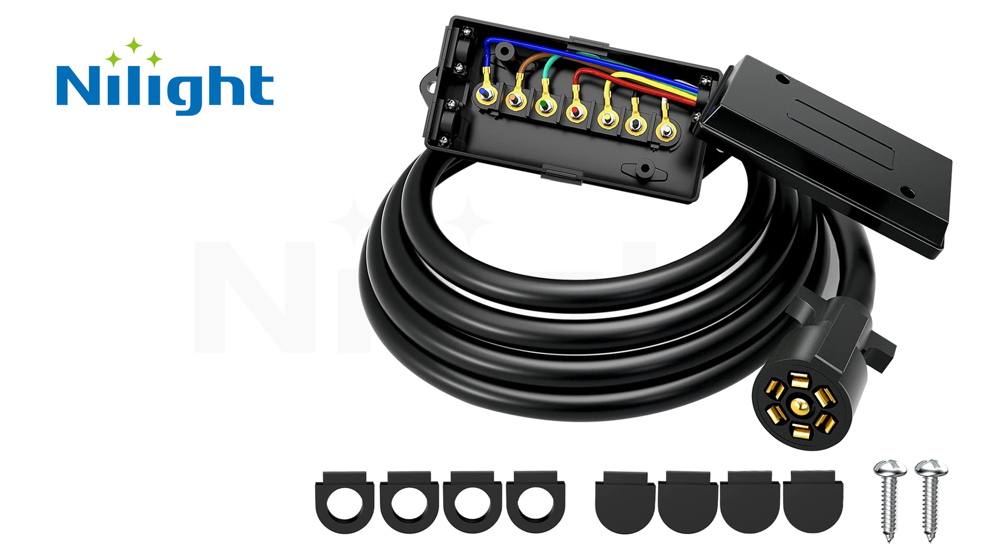 Image of Nilight Heavy Duty 7 Way Inline Trailer Plug Extension 8FT w /Junction Box | Waterproof 7Pin RV Round Wiring Harness Extend Vehicle and Trailer Side Towing Car Color Coded for Campers Caravans Vans