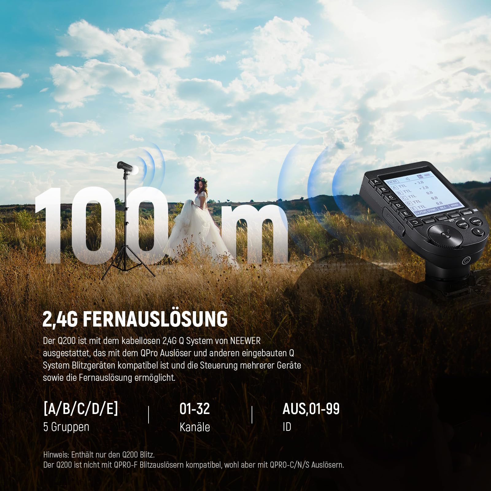 NEEWER Q200 200Ws 2,4G TTL Outdoor Studioblitzgerät mit App Steuerung, kompatibel mit Godox, 1/8000 HSS, 3200mAh Akku, 10W Einstelllicht/750W Blitzleistung/0,01–1,5s Blitzladezeit