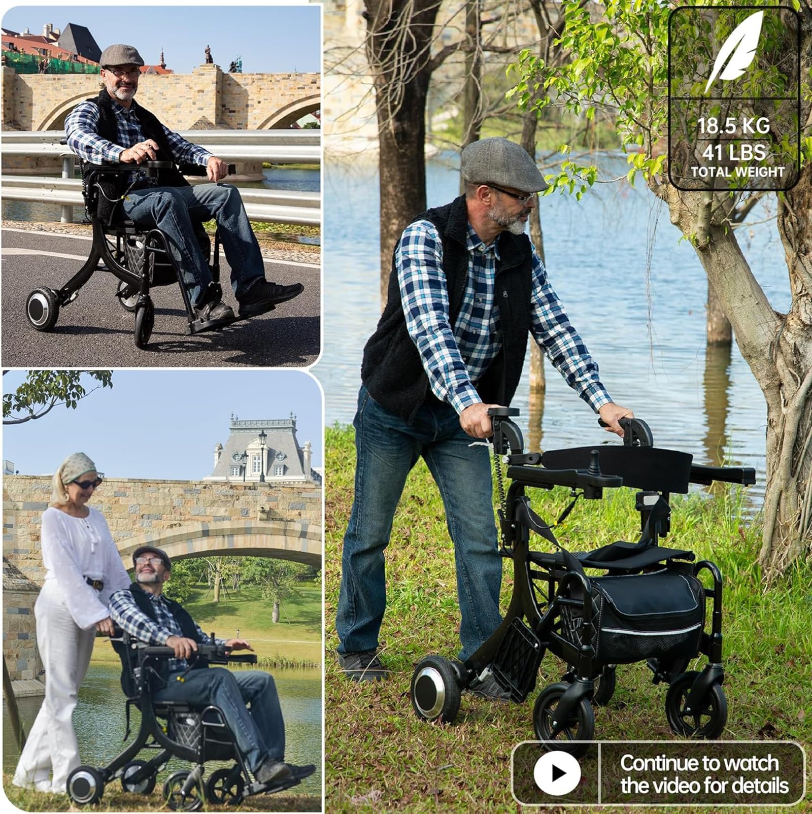 Andador con ruedas, con asiento, andador eléctrico multifuncional 5 en 1 para personas mayores, silla de ruedas de transporte, scooter de movilidad ligero y plegable, silla de ruedas eléctrica, carri