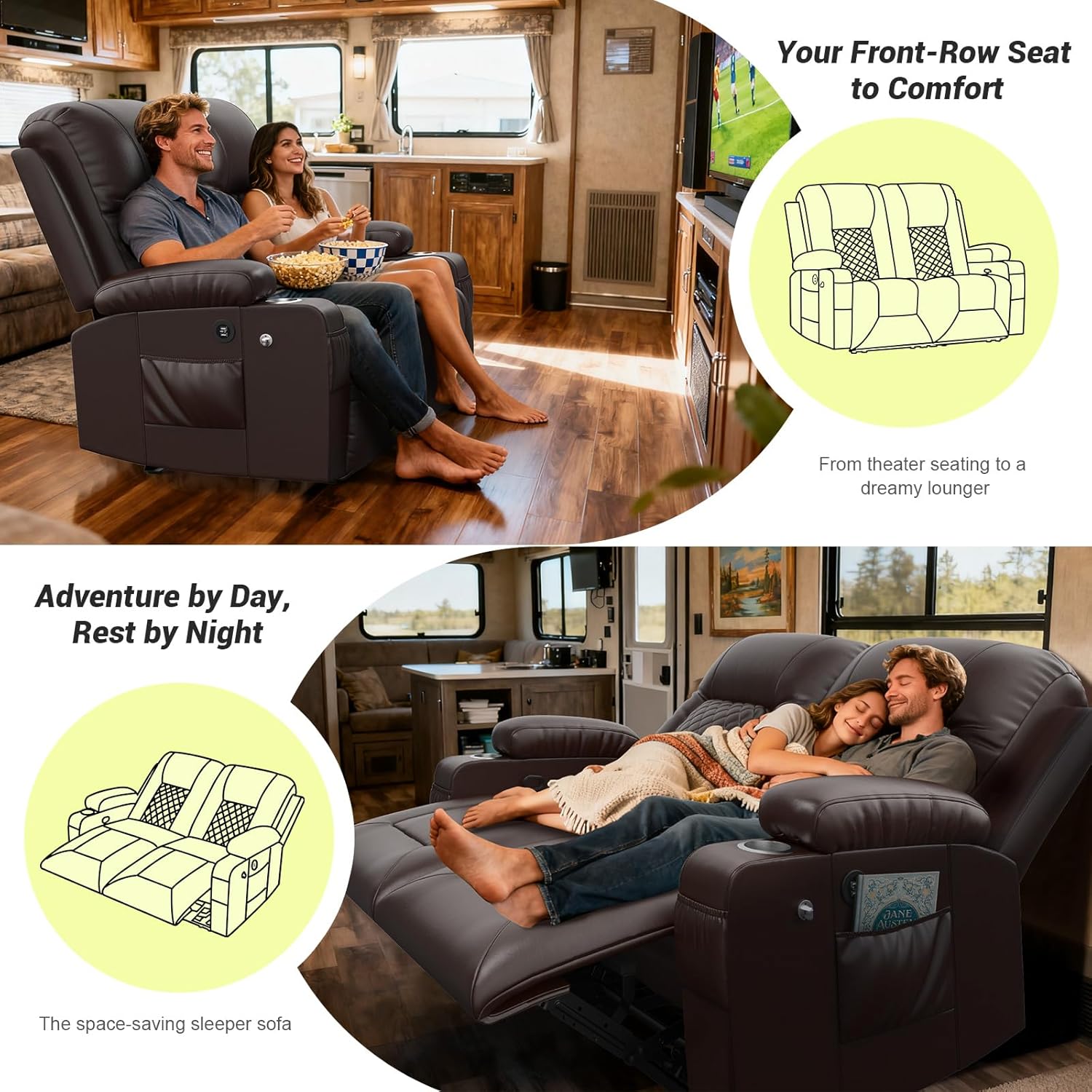 RV Loveseat Recliner Sofa, Reclining Loveseat Wall Hugger Recliners with USB Ports, Cup Holders, Insert Pockets, RV Recliners for Travel Trailers & Living Room, RV Furniture | RV Couch | Brown