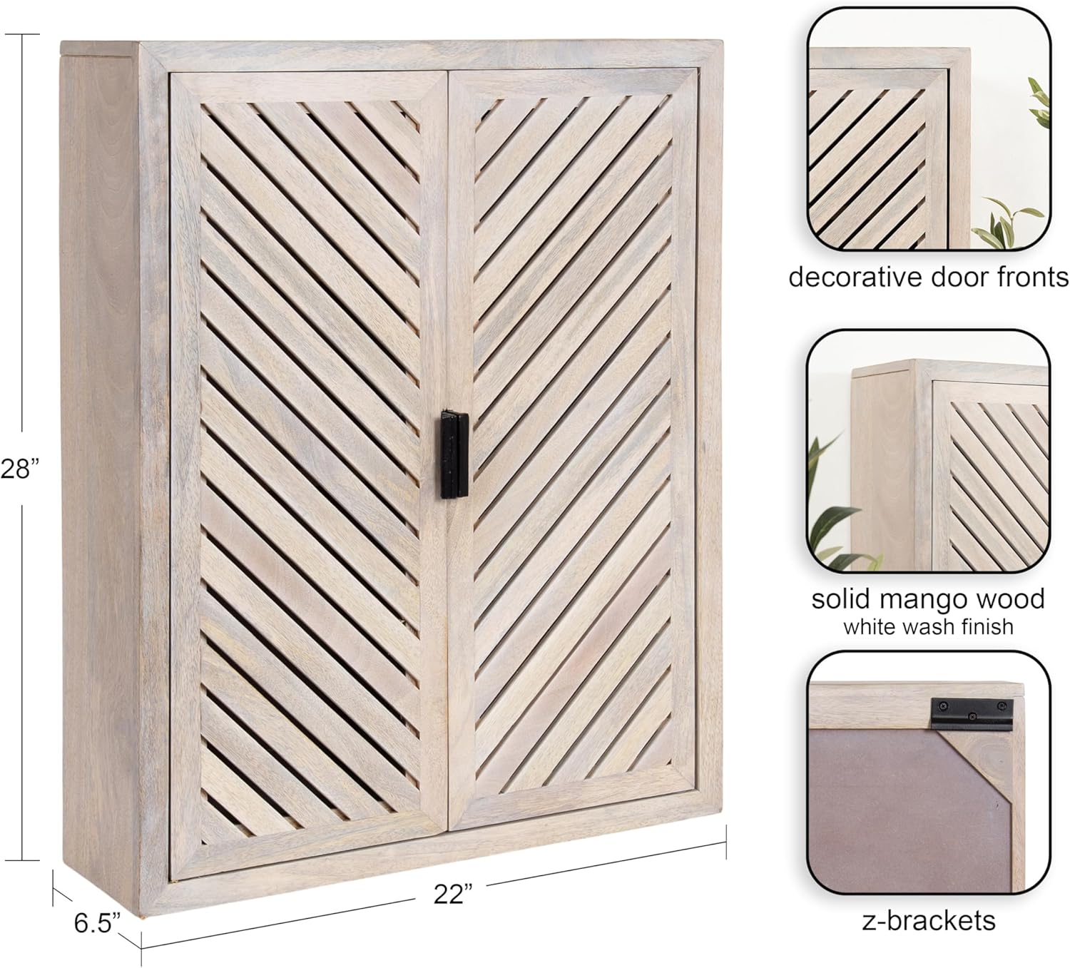 Kate and Laurel Mezzeta Decorative Coastal Two-Door Floating Bathroom Cabinet; 22 x 7 x 28; Whitewash; Decorative Over Toilet Storage Cabinet Made from Solid Mango Wood with Slatted Chevron Design