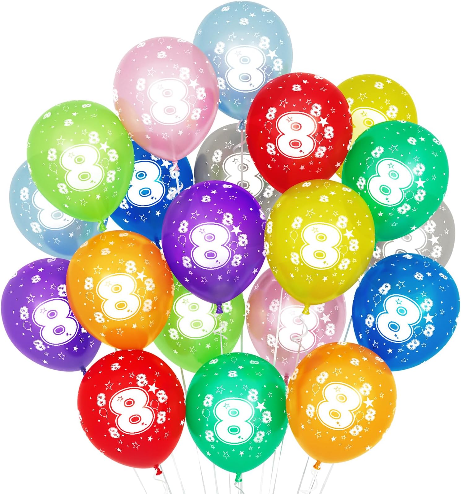 8th Birthday Balloons,20Pcs 12'' Multicoloured Balloons for Girls Boys Kids 8th Birthday Decorations Number 8 Latex Party Balloon Colorful Age