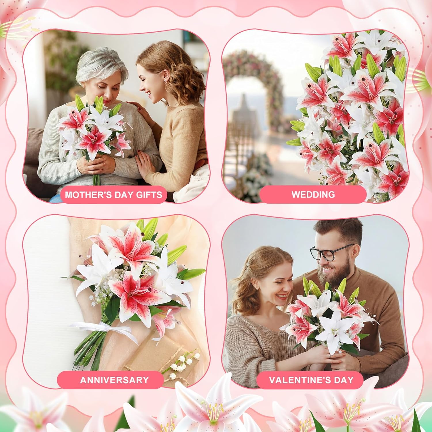 Janinka 12pcs Artificial Lily Flowers 12 Heads White and Pink Faux Tiger Lilies Flowers with Fake Baby Breath Artificial Gypsophila for Spring Home Church Wedding Decoration