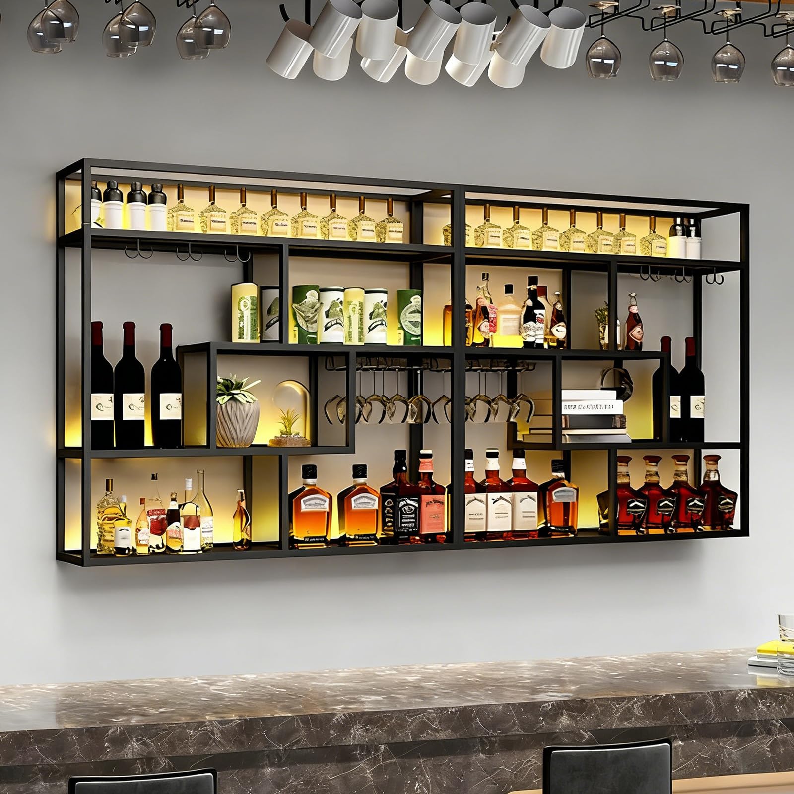 Botelleros de Pared con portavasos, Expositor de Vino de 3 Niveles, Estante Flotante de Metal rústico para licores, Ideal para Bar en casa y Cocina (Negro, 120cm)
