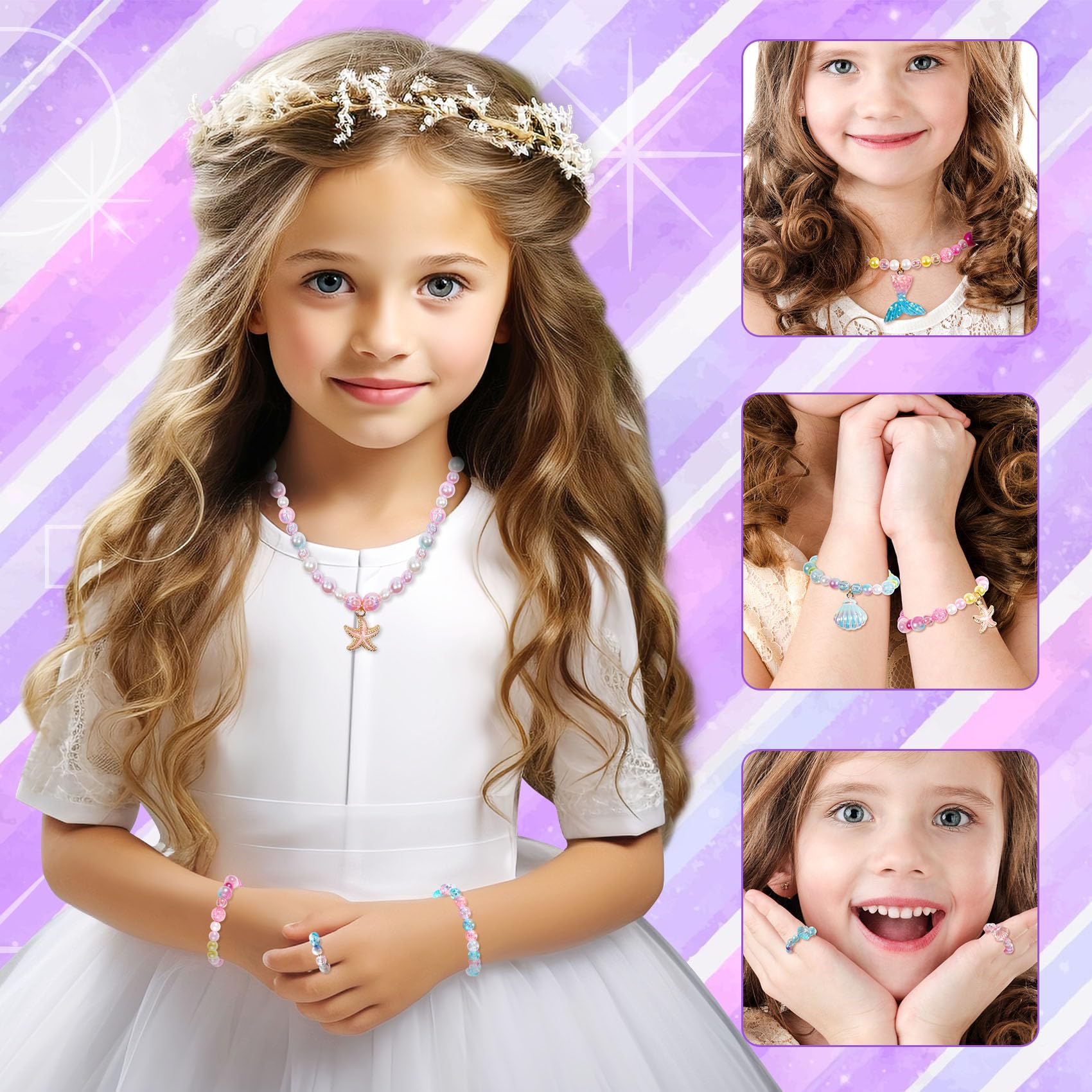 Acerich 1400 Pcs Mermaid Beads Bracelet Making Kit, Charm DIY Mermaid Beads for Jewelry Making with Ocean Shell, Friendship Bracelet Kit for Girls with Starfish Shell - Image 6
