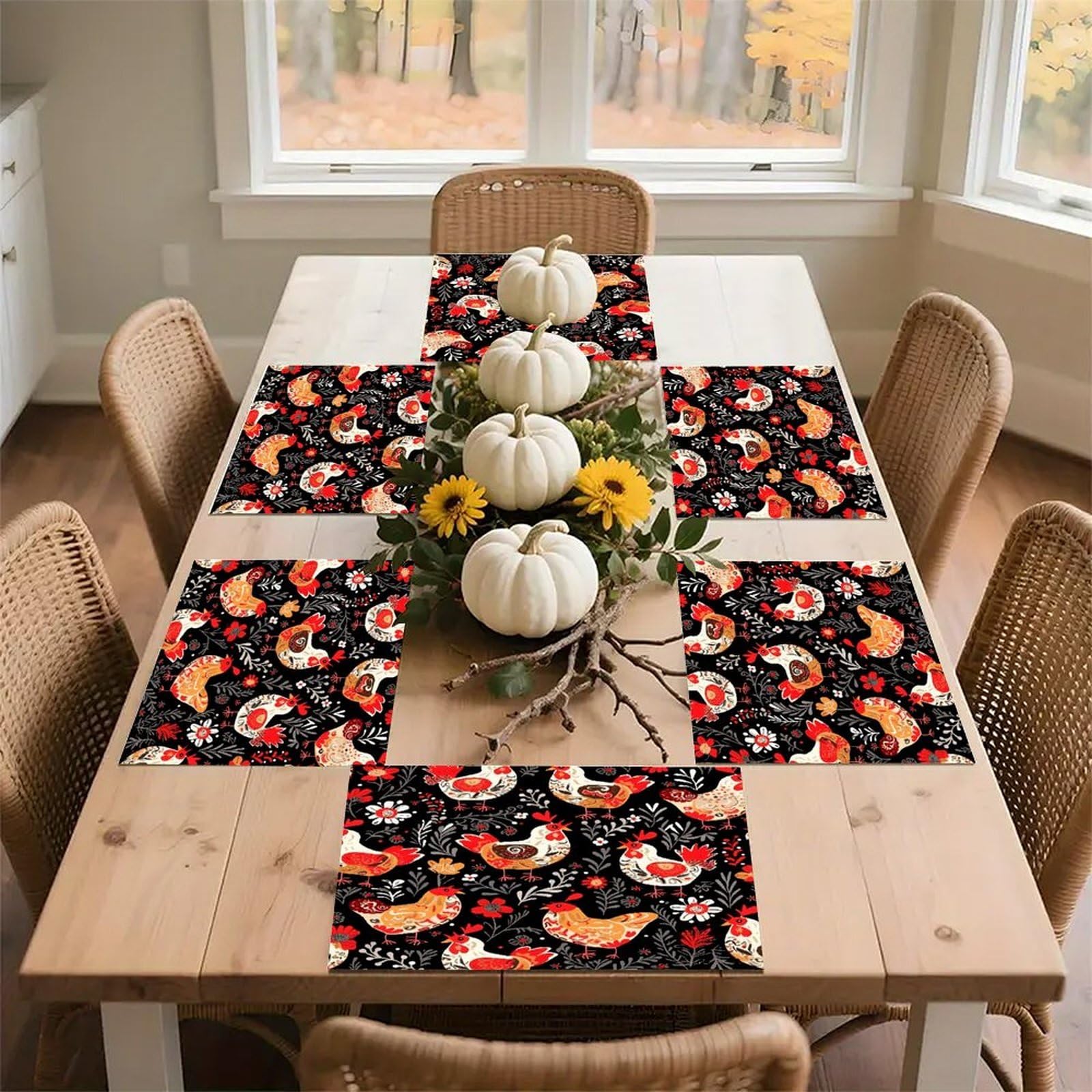 Cute Rooster Chickens Placemats Non-Slip Heat Resistant Table Mats Flax Washable Cloth Place Mats Easy to Clean Premium Placemat for Kitchen Dining Table Decor Party Outdoor