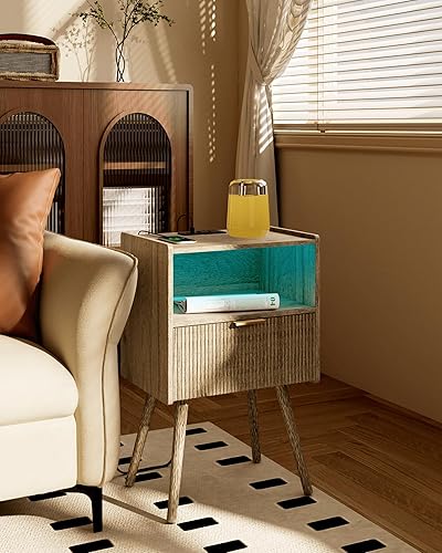 Miniatura 6 de Mesita de noche de roble gris, moderna mesita de noche con estación de carga y luces LED, cajón de almacenamiento, estante de madera abierta y patas