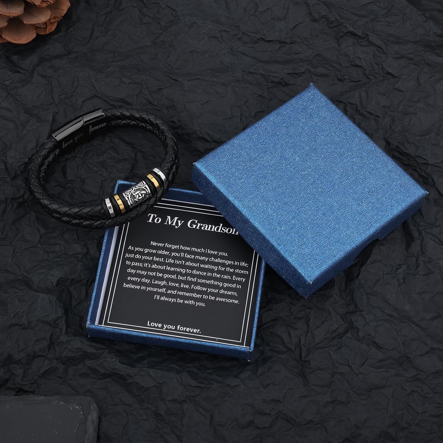 Mens Leather Bracelet,Black Stainless Steel Double-Row Braided Black Stainless Steel Love You Forever Engraved,Men Valentines Day Ideal Gift for Son & Grandson - Image 4