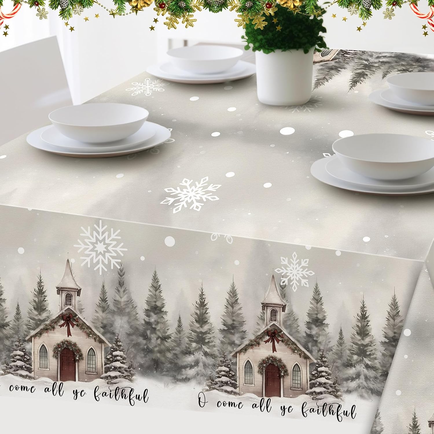 Oudain Church Xmas Trees Christmas Tablecloth Rectangular Winter Table Washable O Come All Ye Faithful Church Decoration Table Cover for Party Picnic Dinner Decor(Rectangle,60 x 104 Inch)