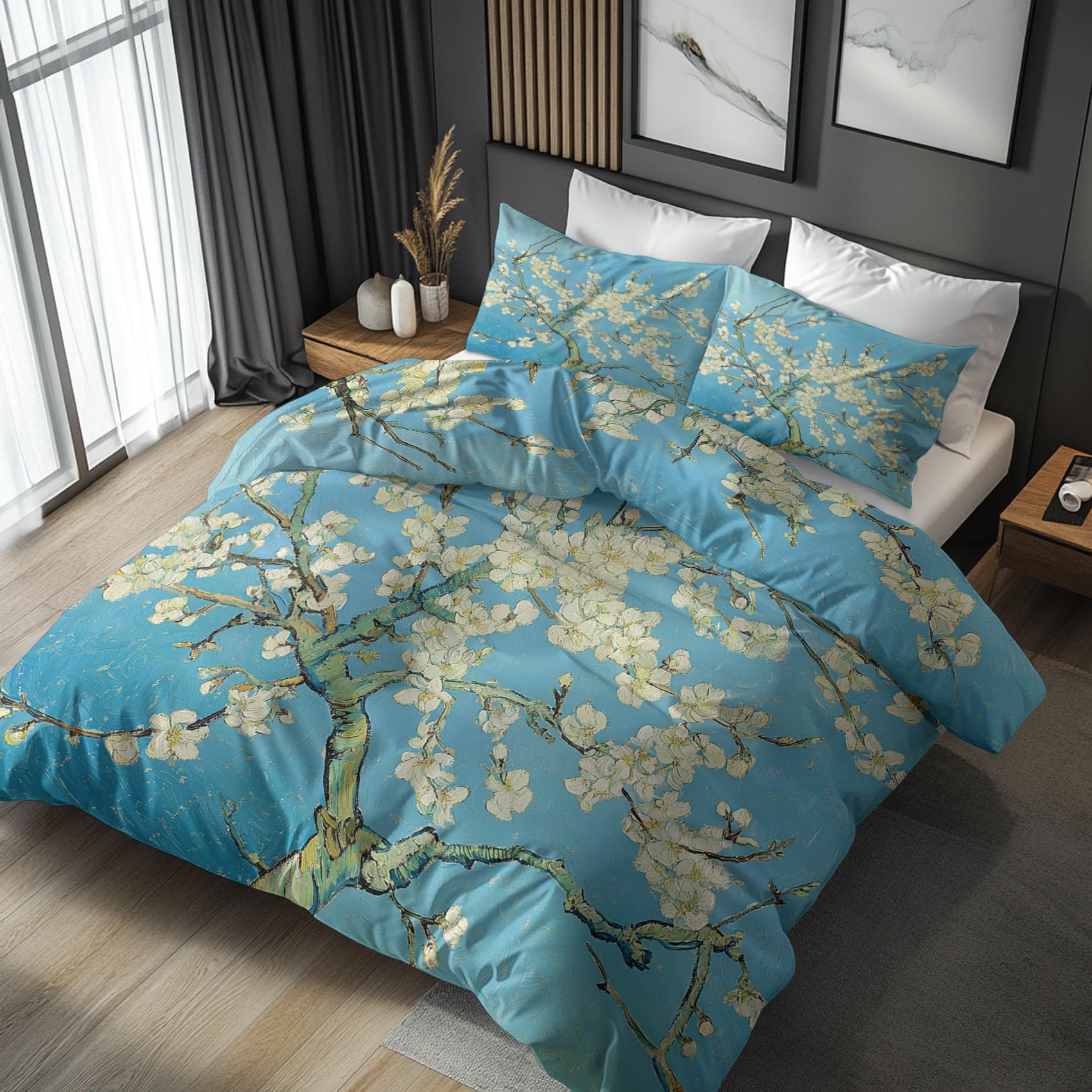 Nogawa Multicolor Almond Blossom Emperor Duvet Cover Sets - Impressionist Bedding Set - Reversible Quilt Cover & 2 Pillowcases With Zip And Ties, Soft And Non Iron Brushed Microfibre Bed Set 290 X 235