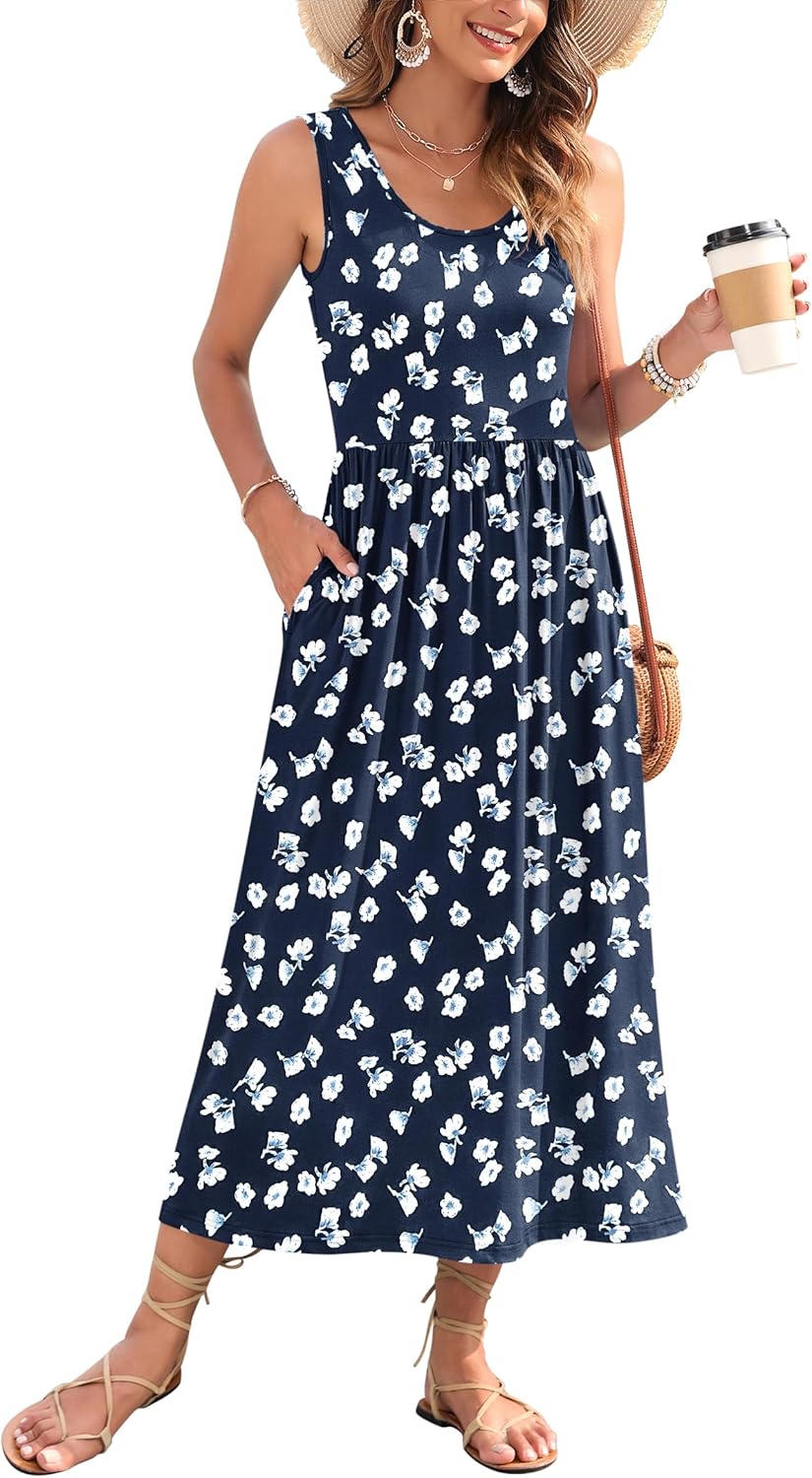 WNEEDU Women's Summer Maxi Dress 2025 Casual Sleeveless Hawaiian Sundress Tropical Long Dress Beach Vacation Outfit