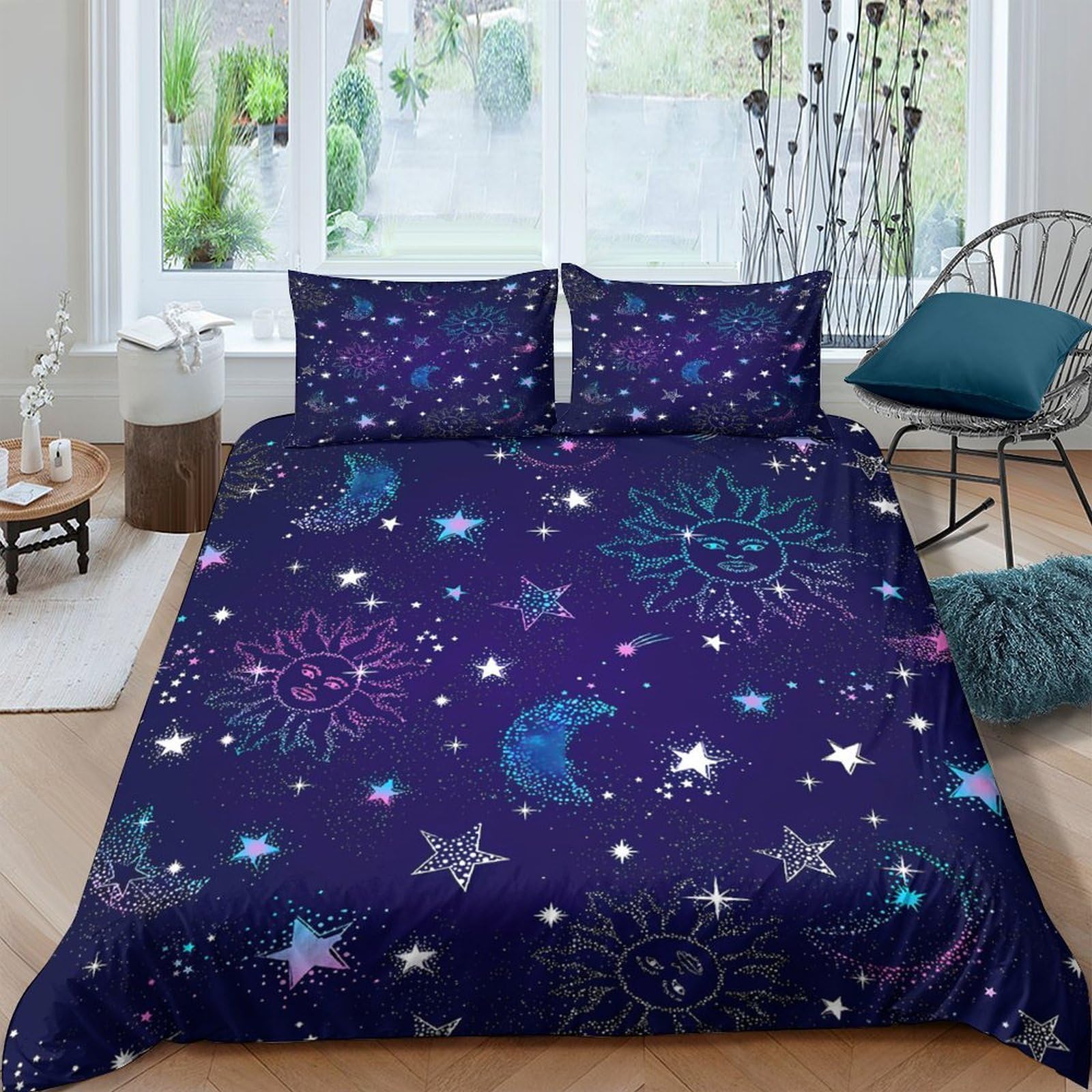 Ctjqhvkz Style-1 3D Printed Night Sky Fitted Sheet Microfiber Soft Navy Blue Moon Star Cosmic Nebula Mattress Cover For Bedroom Dorm Mattress Decor Single（135X200cm）