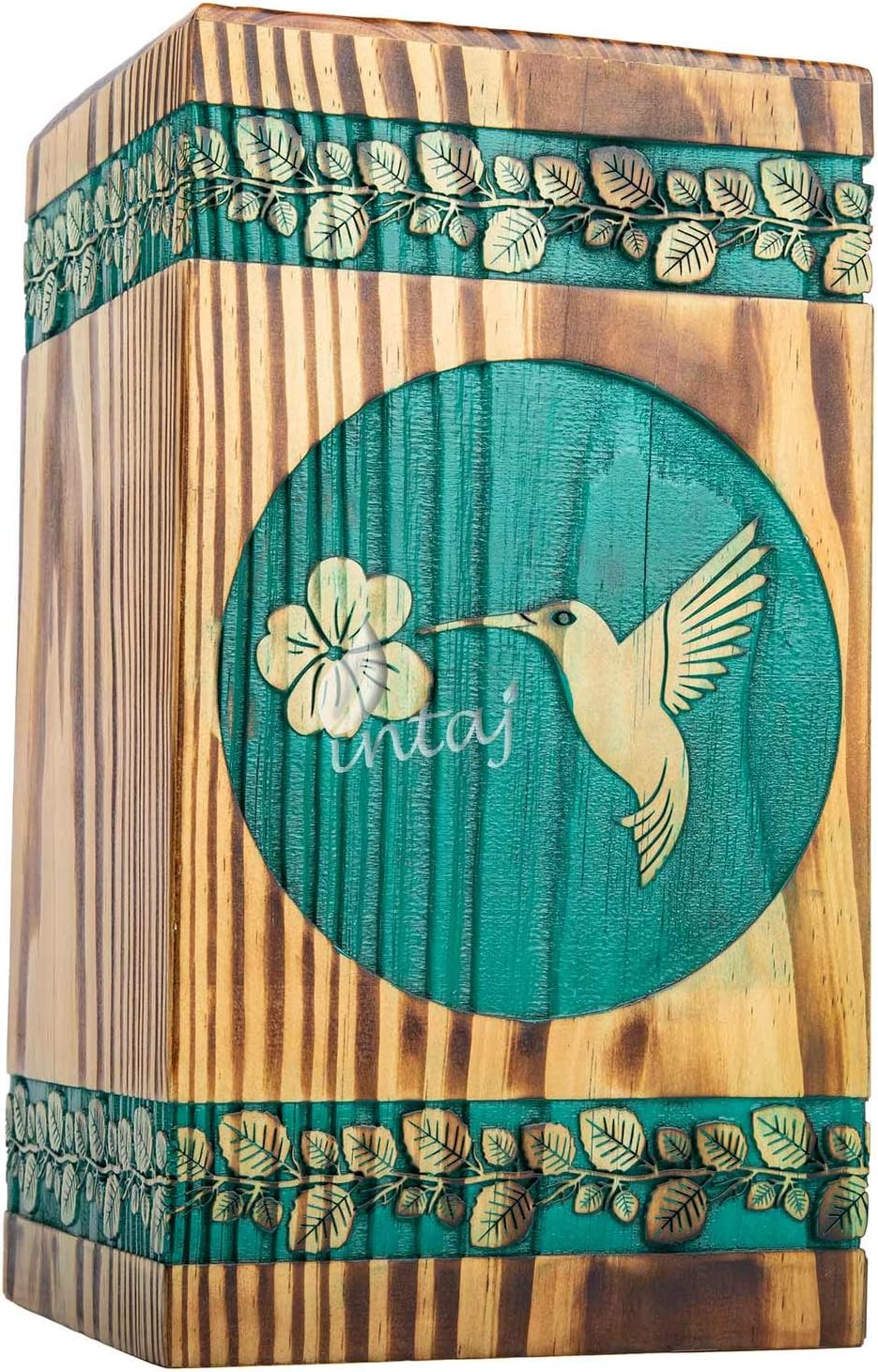 INTAJ Wooden Urn for Human Ashes, Adult INTAJ Rosewood Urn for Ashes, Humming Bird Funeral Cremation Urn - Wooden Urns Hand-Crafted - Burial Urn Box (Teal Pine, Small - 8Hx4.75W (115 Cu/in))