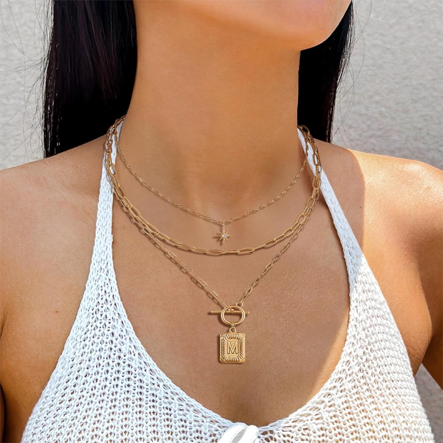 Dainty Gold 3-Layer Personalized Initial Necklace for Women - 18K Gold Layered Letter Pendant Necklace Adjustble Paperclip Chain Choker Necklace Jewelry Gifts with Star Charm - Image 3