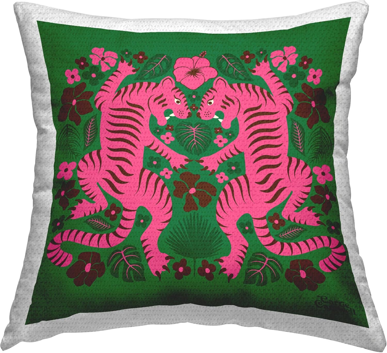Stupell Industries Mirrored Tigers Pattern Design by Carrie Cantwell Outdoor Printed Throw Pillow, 18 x 7 x 18, Pink