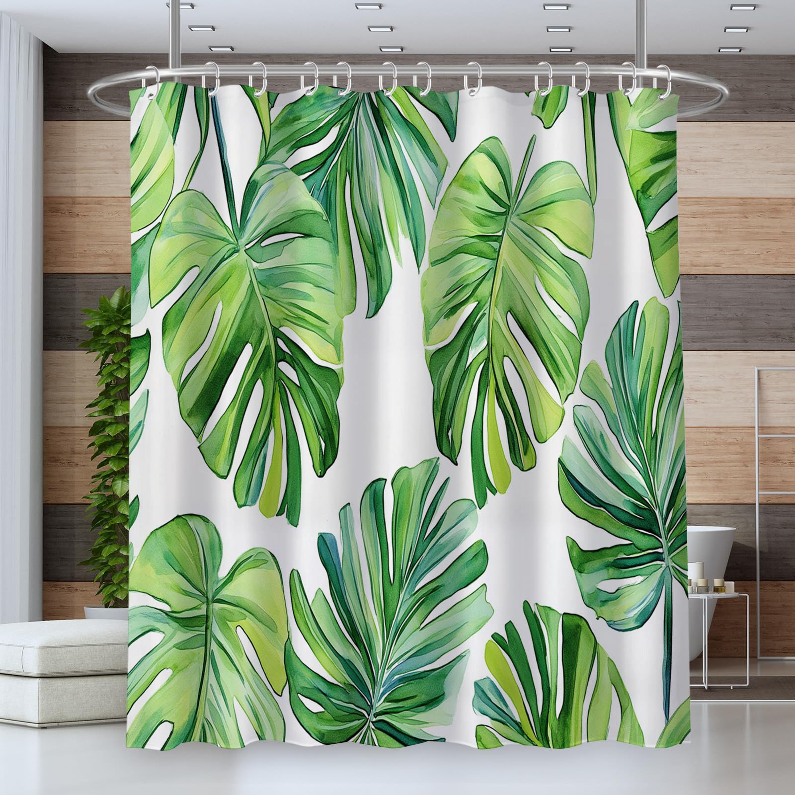 Rideau de douche feuilles tropicales 240 x 200 cm lavable en machine pour une hygiène durable