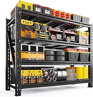 Romorgniz Garage Shelving Heavy Duty, 5000LBS Steel Rack for Garage, Shop | 4‑tier industrial solid steel shelf. Rust‑resistant, one‑piece uprights, side braces for stability, 16 supporting ribs