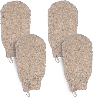 Bleu Bath (4 Pack) Natural Exfoliating Cotton Bath Mitt Shower Gloves Loofah Washcloth Sponge Machine Washable Body Scrubber (Gentle Ramie)
