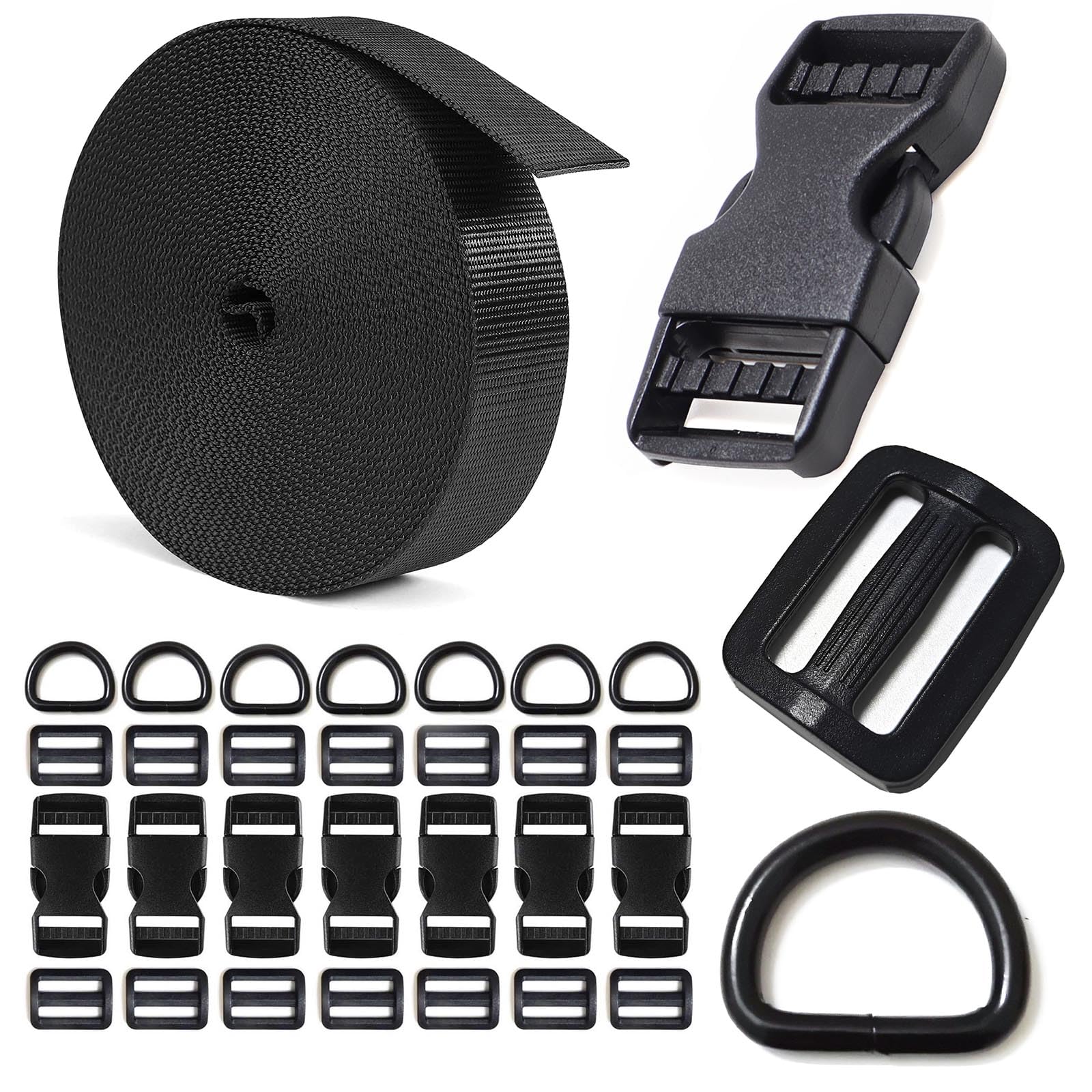 ONE WVW PIN 1 inch Buckle Nylon Strap Set: 1 IN Webbing 10 Yards, Side Release Plastic Buckles 8 Set, Metal D Rings 16 Tri-Glide Slide Clips for 1''(