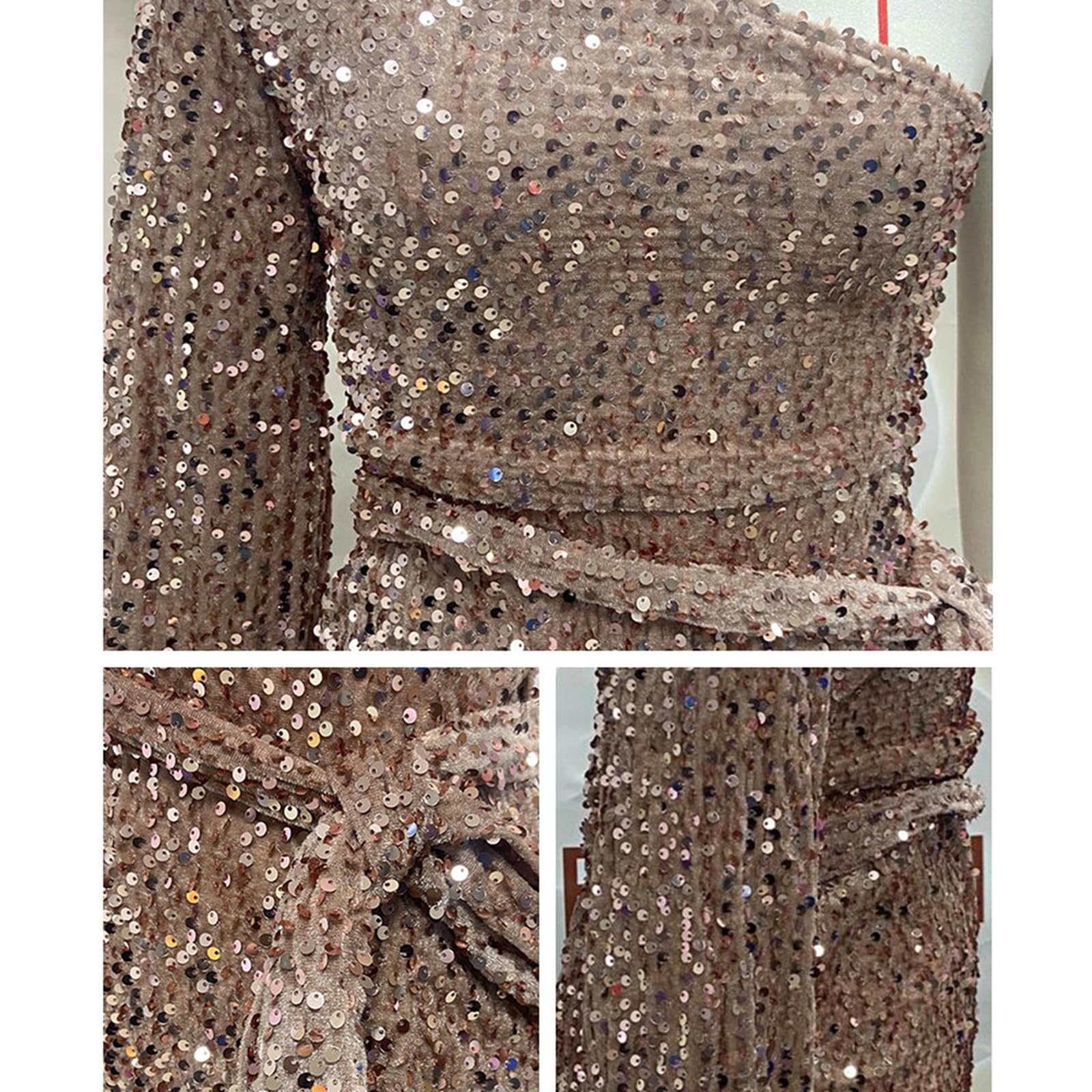 Abiti da Donna Abito da Donna con Paillettes Pausa Spalla Obliqua A Maniche Lunghe con Paillettes Abito Irregolare Abbigliamento alla Moda Sexy Elegante Gonna Corta