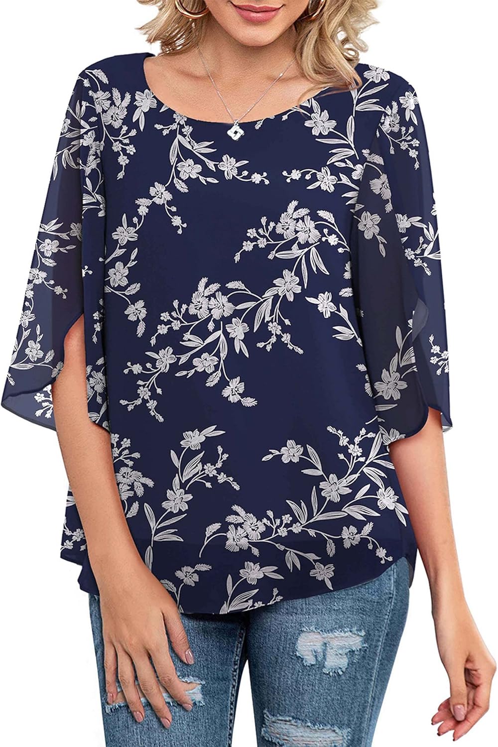 Neineiwu Womens Casual Scoop Neck Loose Top 3/4 Sleeve Chiffon Blouse Shirt Tops