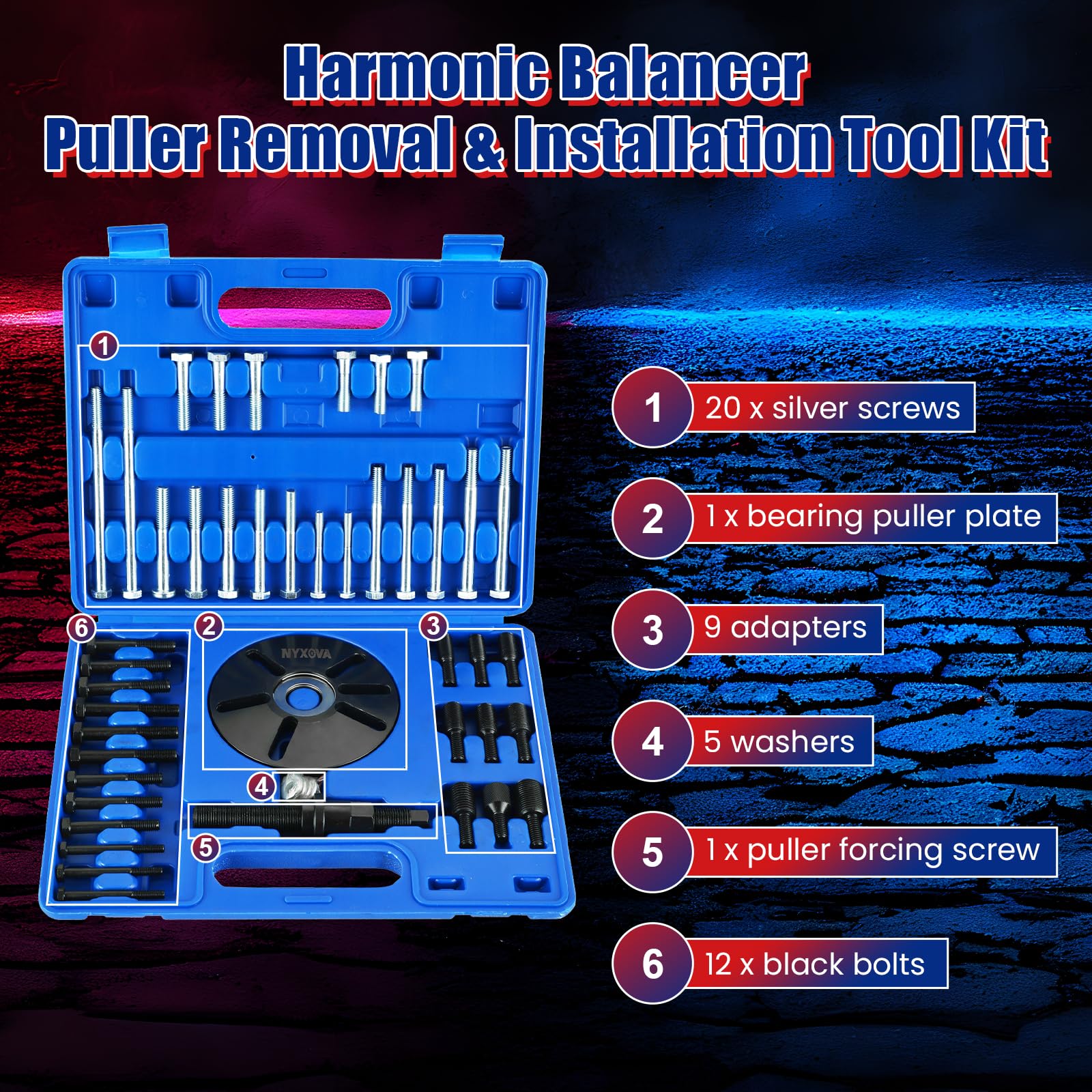 NYXOVA Kit de herramientas de extracción e instalación de extractor de equilibrador armónico, juego de instalación de extracción de polea de cigüeñal, juego de tracción del volante (azul)