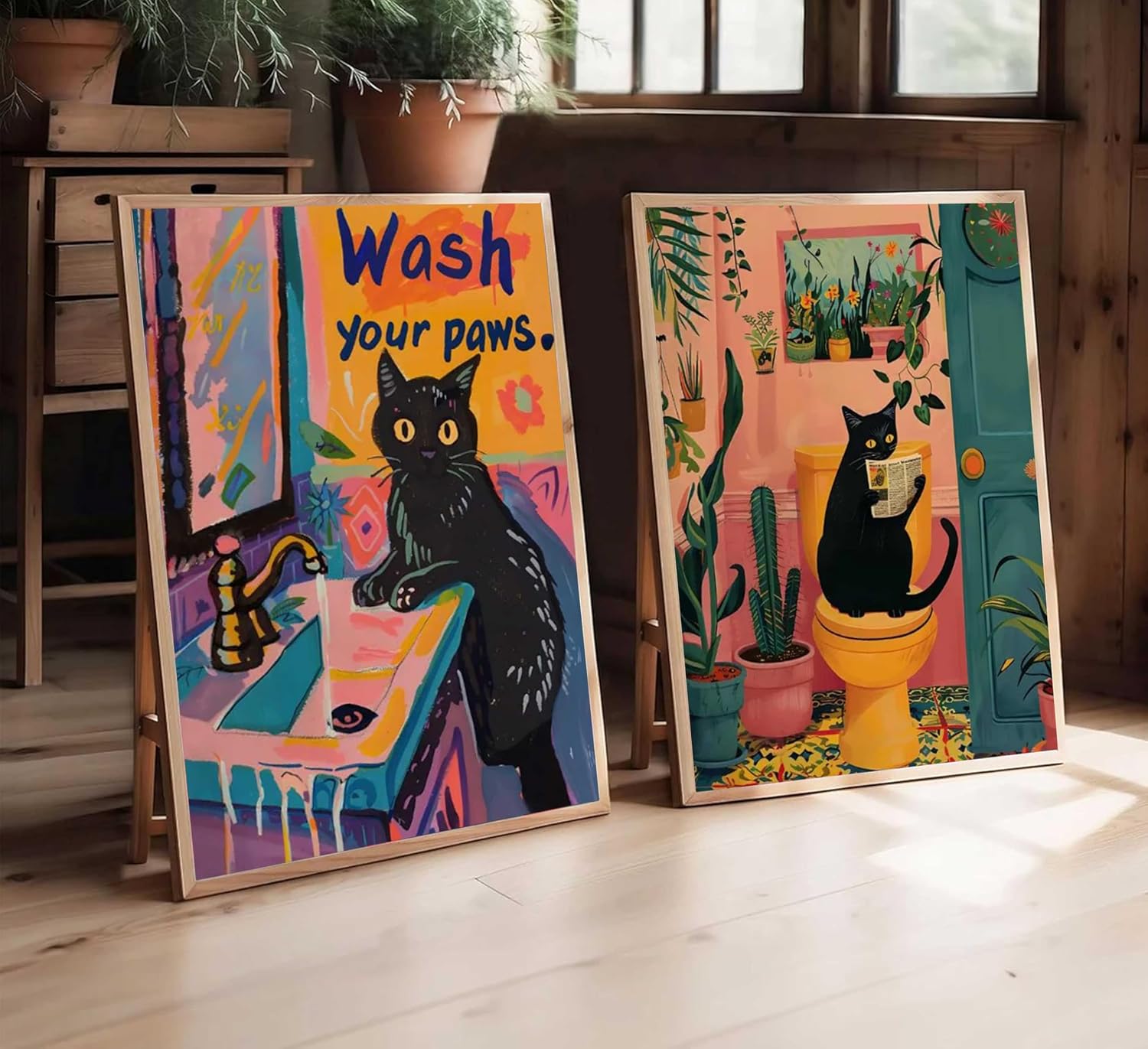 2Pcs Paint by Number Kit 16x20inch Adorable Black Cat Bathroom Scenes Set, DIY Painting for Adults Kids, Ideal Home Decor and Relaxing Art Activity