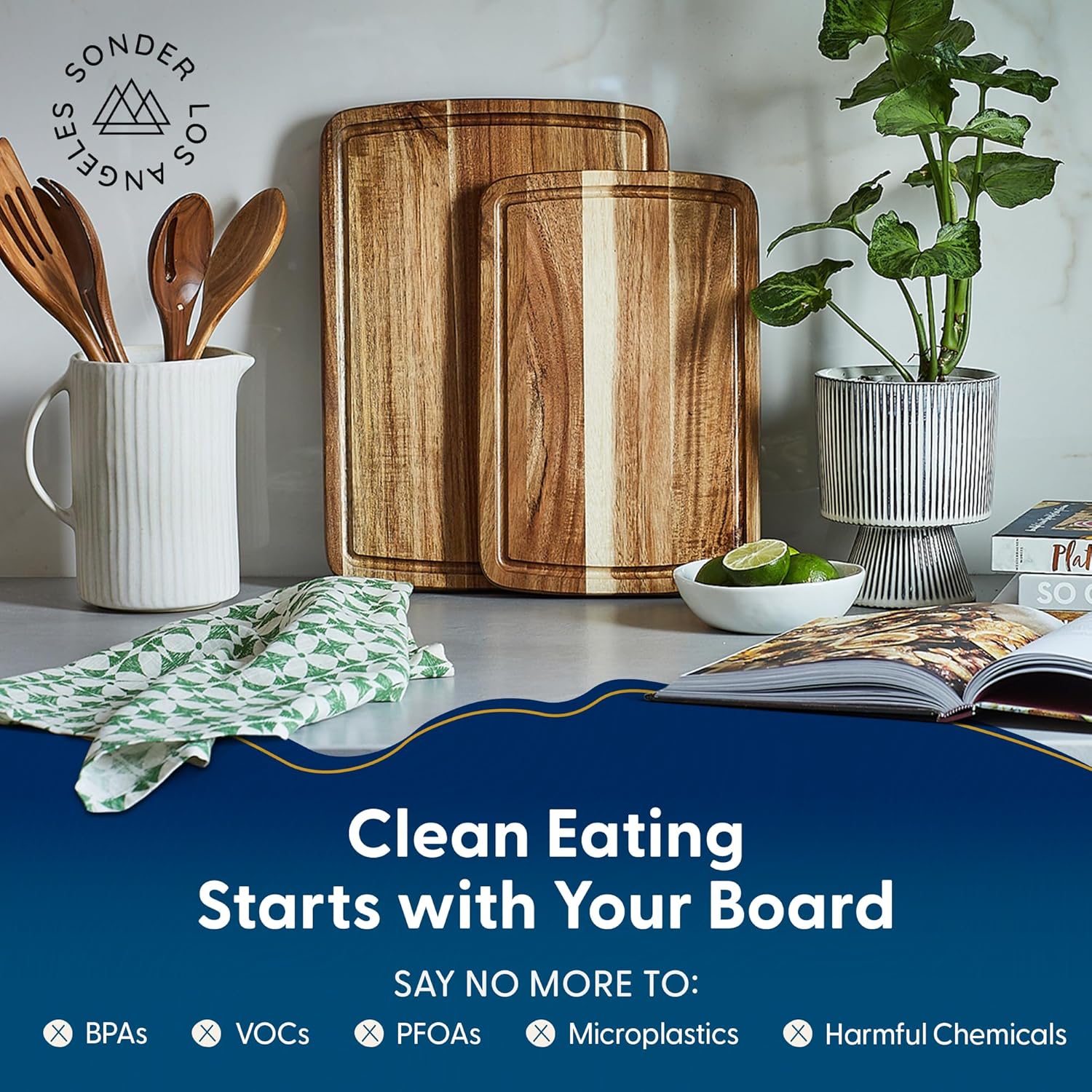 Sonder Los Angeles Doheny Wood Cutting Board Set | Acacia Edge Grain Cutting Board for Kitchen with Juice Groove | Perfect for Compact Daily Use | Gift Box Included | 14x10x1 in & 12x8x1 in