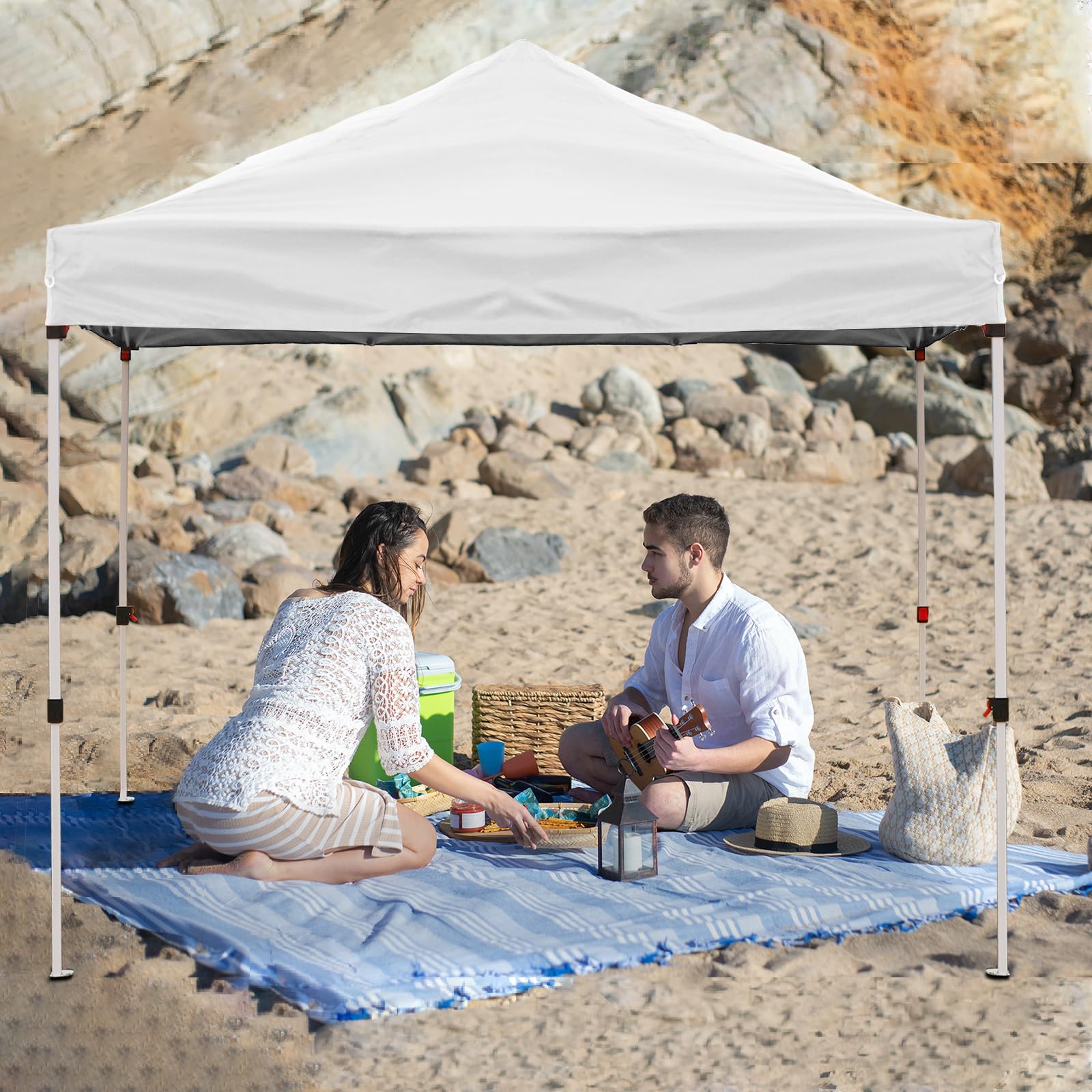 LANMOUNTAIN Pop Up Canopy Tent 8X8 FT,Easy Set-up Shade,Instant Shelter w/ Canopy Cover,4 Ropes,Adjustable Heights Canopies,Outdoor Patio Tents for Parties,Commercial,Silvery White Sporting Goods