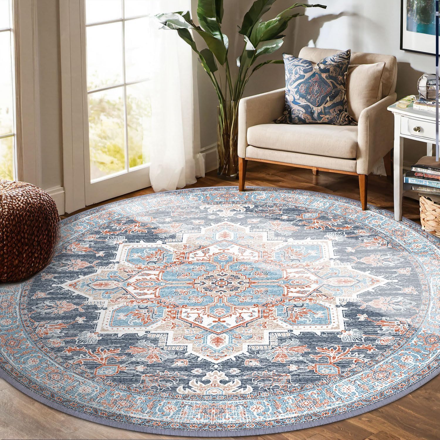 BESTSWEETIE 6ft Round Rugs for Dining Room, Washable 6ft Round Rug, Non Slip Water Repellent Floor Carpet, Low Pile Soft Vintage Rug for Bedroom Kitchen Indoor-Navy Blue/Light Blue/Natural/Brick Round 6ft Navy Blue/Light Blue/Natural/Brick