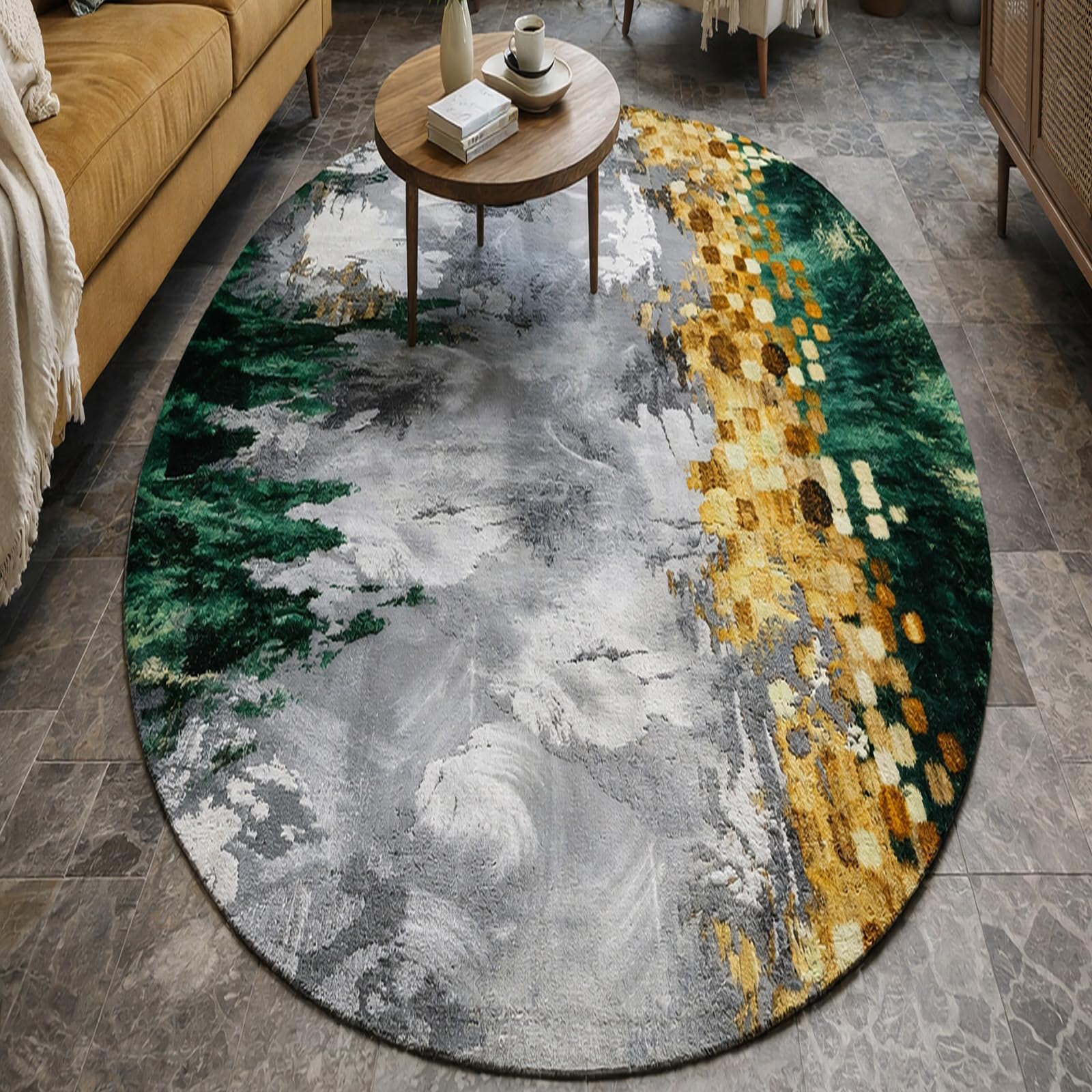 Tapis Ovale Salon Abstrait Chic Vert et Gris 70 x 110 cm