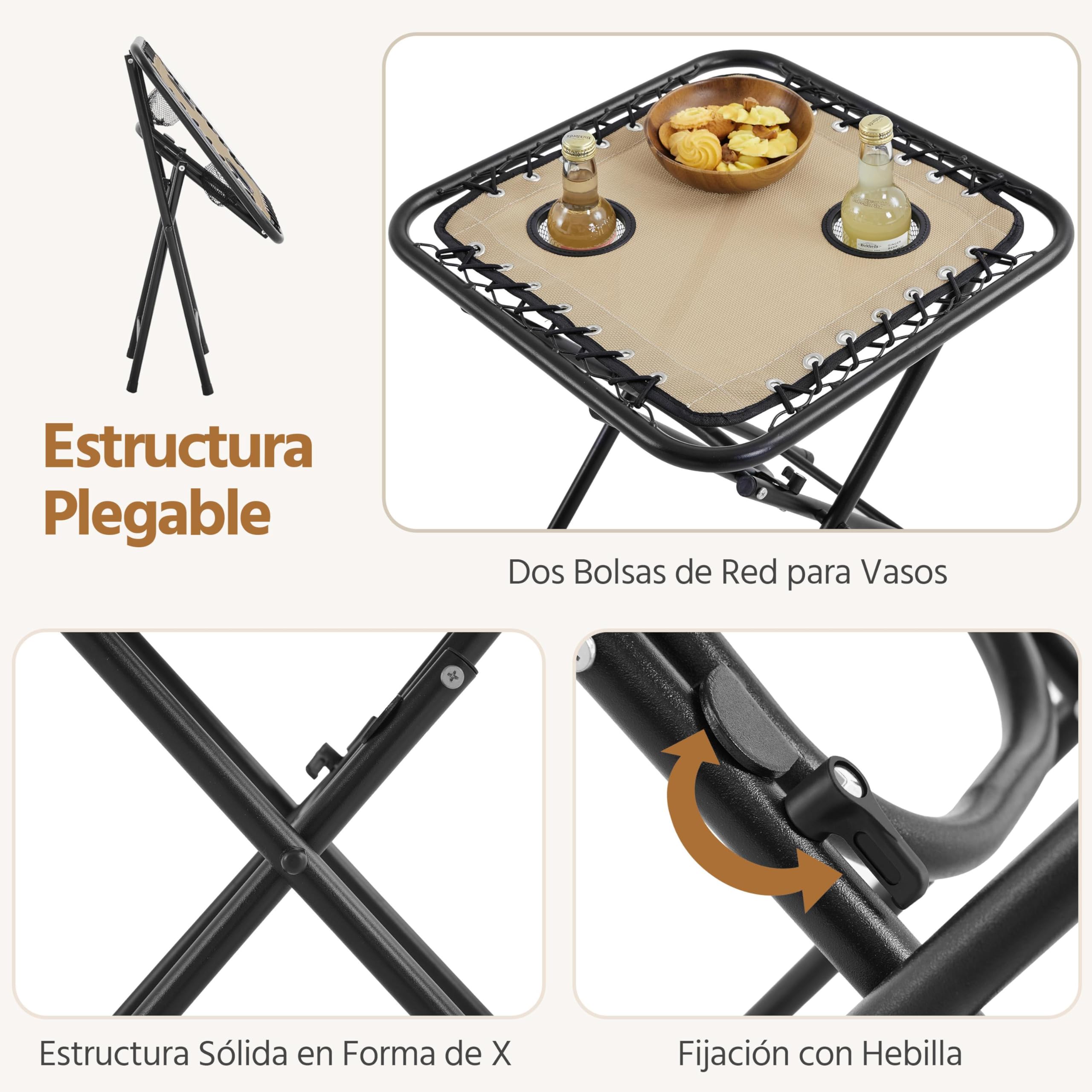 Yaheetech 2 Tumbonas o Sillas de Exterior Plegables y reclinables, con Mesa Auxiliar, Portavasos, Reposacabezas, Tumbonas de Gravedad Cero con Respaldo Ajustable, para Patio, Piscina, Beige