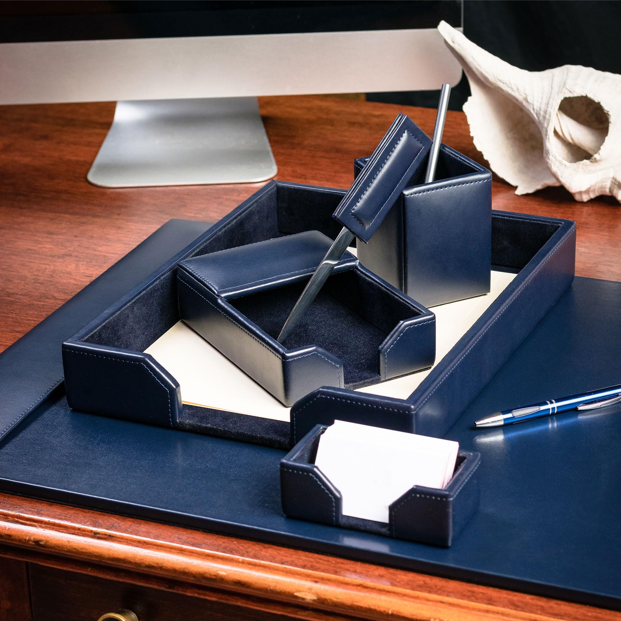 Dacasso Bonded Set di lussuosi sottomano da scrivania e scrivania essenziali per l'organizzazione della scrivania, 7 pezzi, blu navy