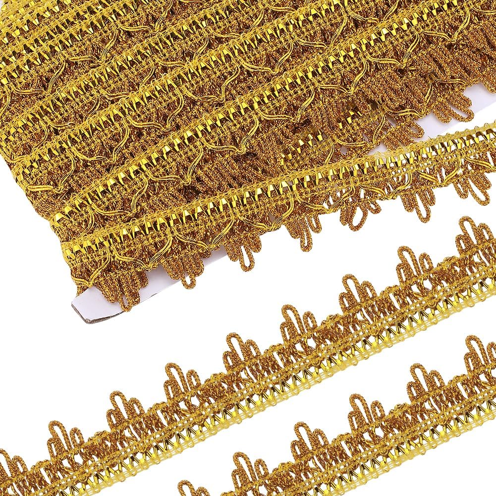 GORGECRAFT 15 Yards Metallic Braid Trim Gold Gimp Embroidery Lace Trim Decorative Applique Woven Fabric Fringe Tassel Edge Trimming Ribbon for Sewing Christmas Wedding Dress Decoration DIY Crafts